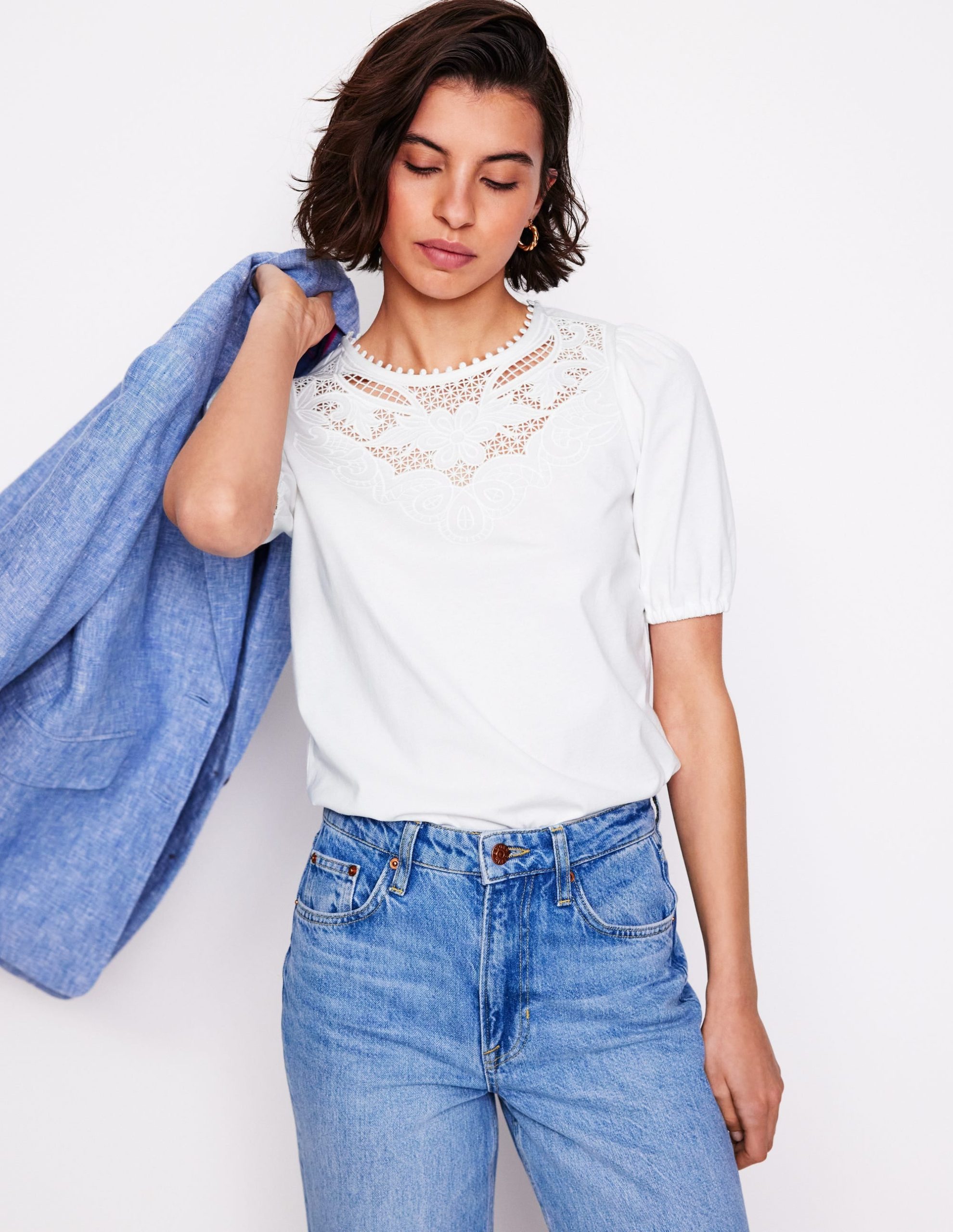 Cutwork Puff Sleeve T-Shirt-White - Image 4