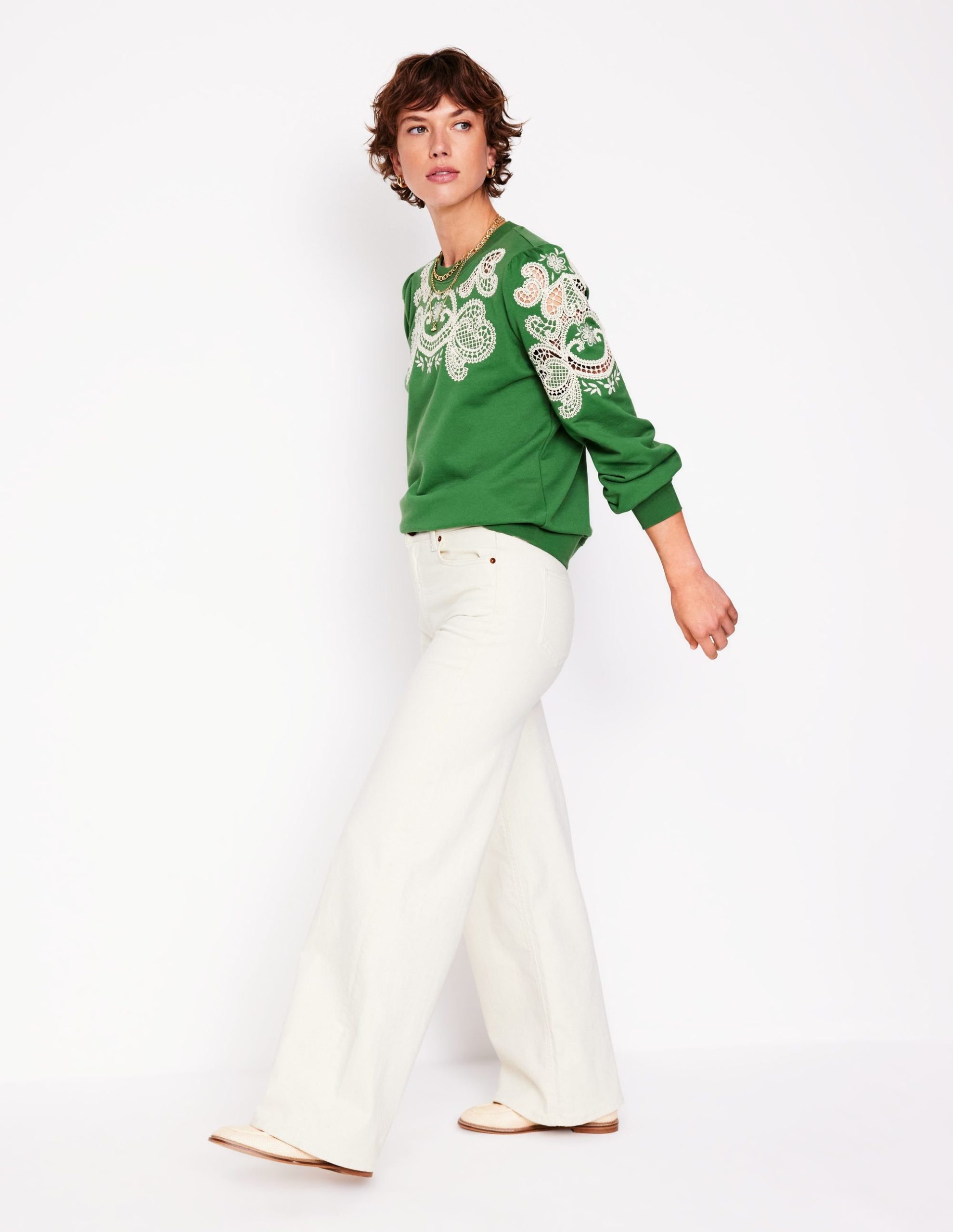 Puff Sleeve Cutwork Sweatshirt-Paradise Green