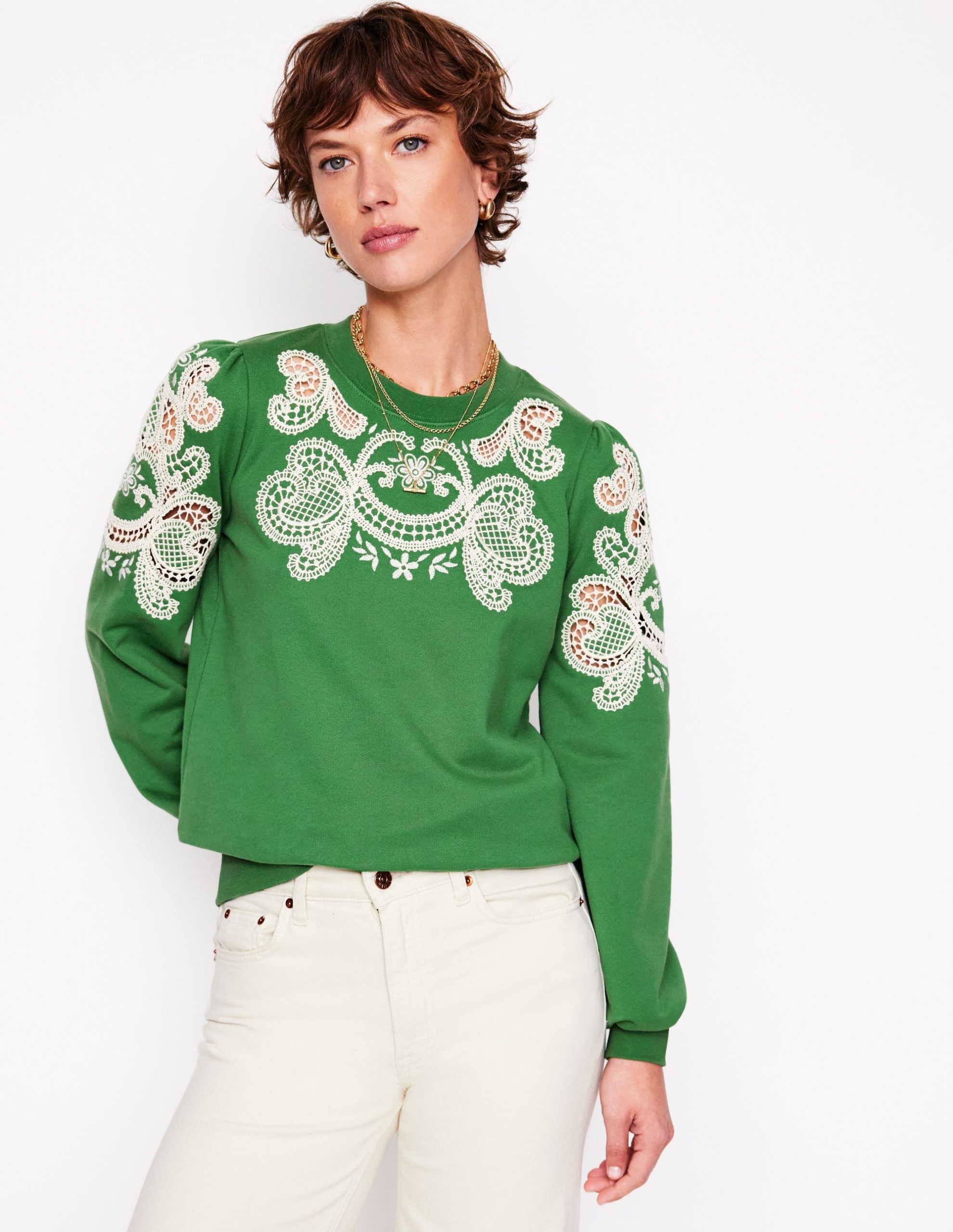 Puff Sleeve Cutwork Sweatshirt-Paradise Green - Image 3