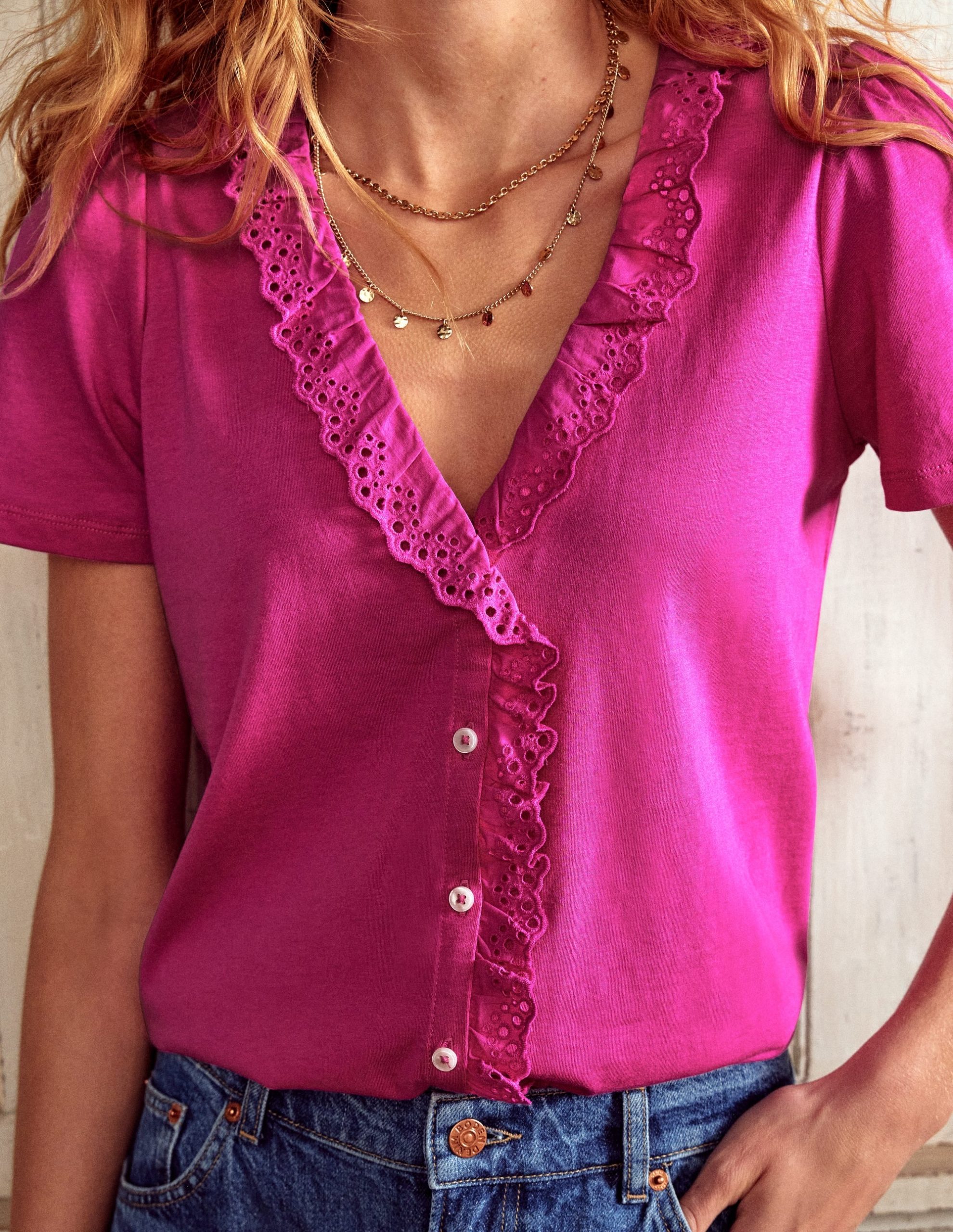 Broderie V-Neck Top-Cosmos Pink - Image 2