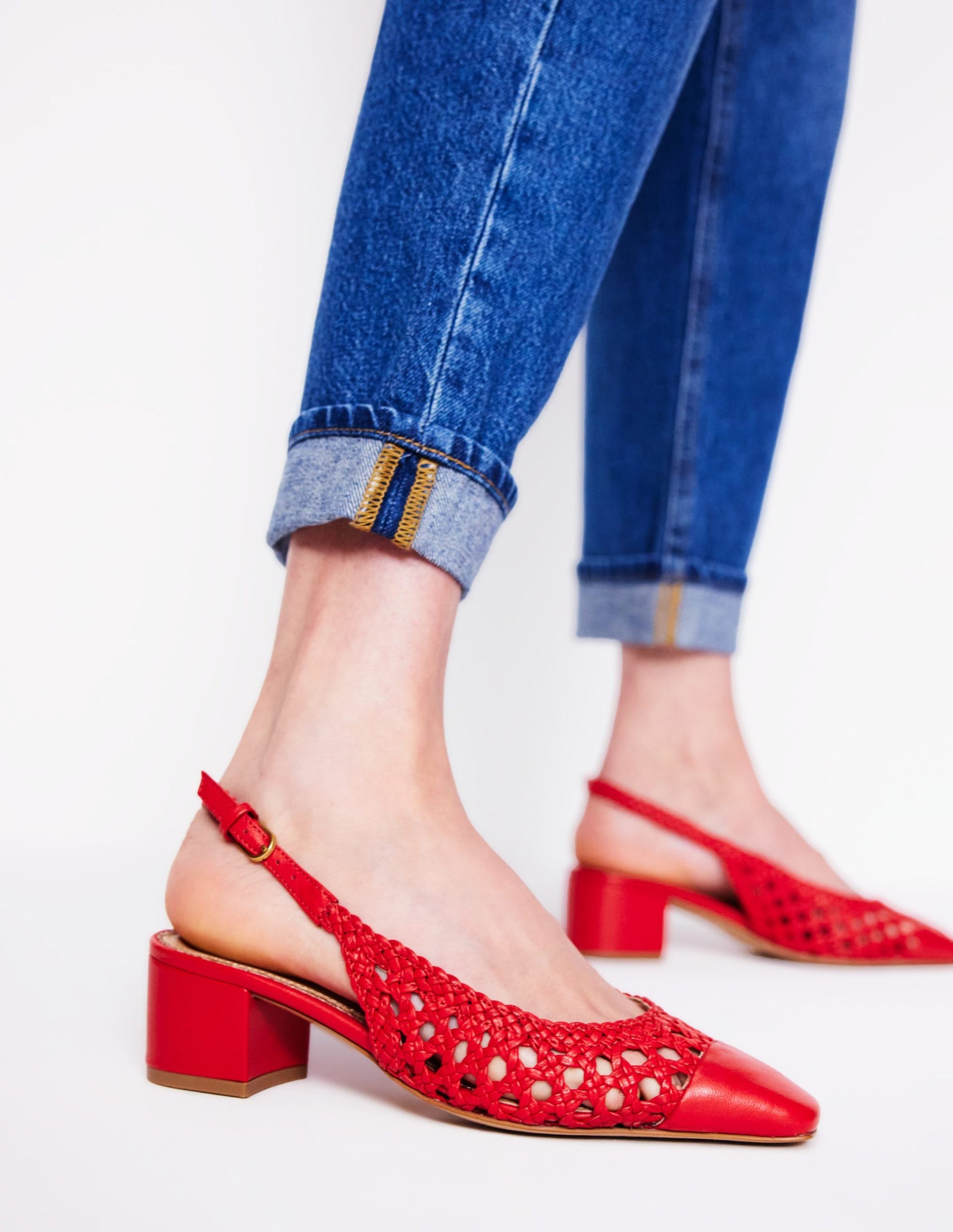 Ailsa Block Heel Slingbacks-Post Box Red Woven - Image 2