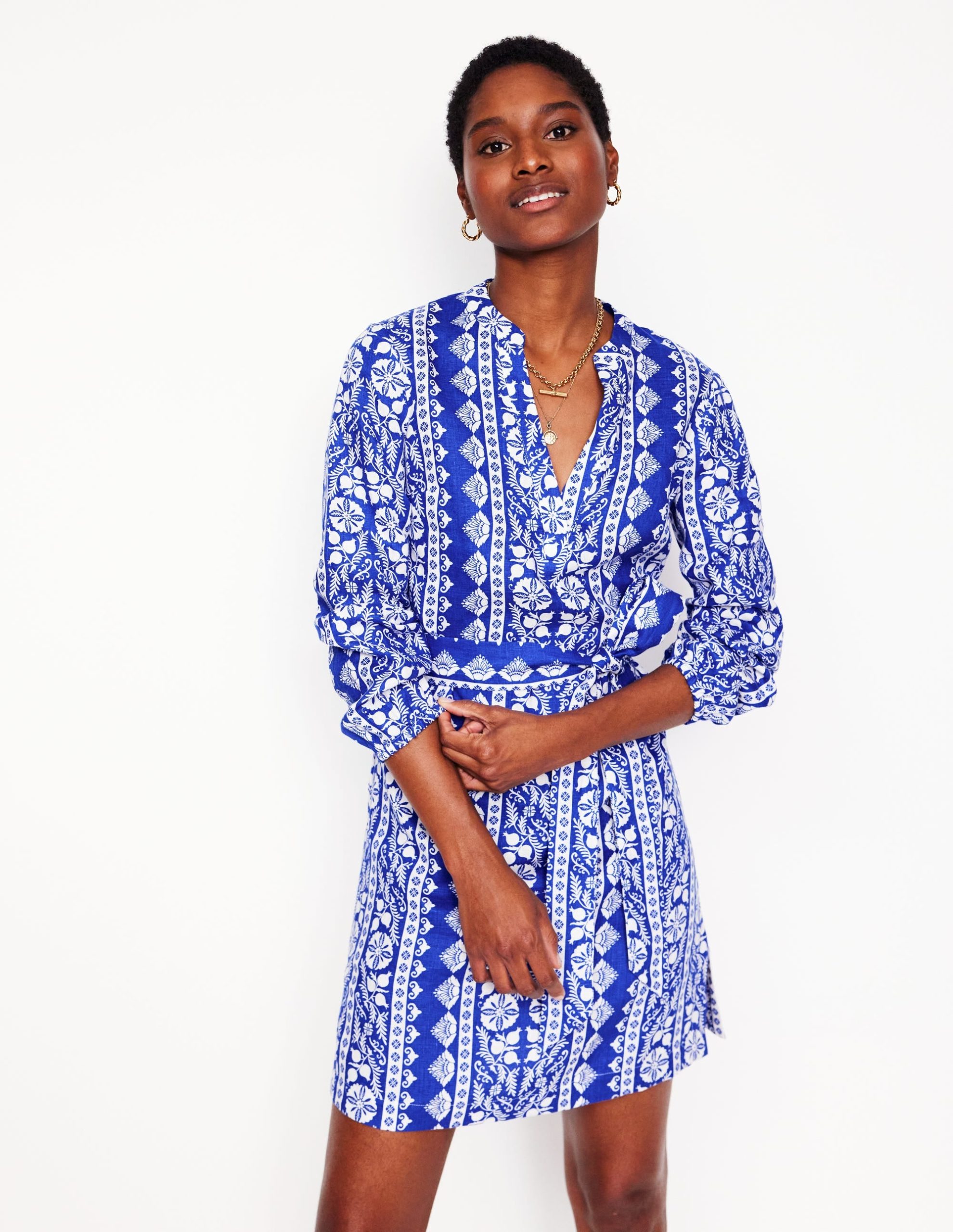 Cleo Linen Tie Waist Dress-Bright Blue. Ornate Border