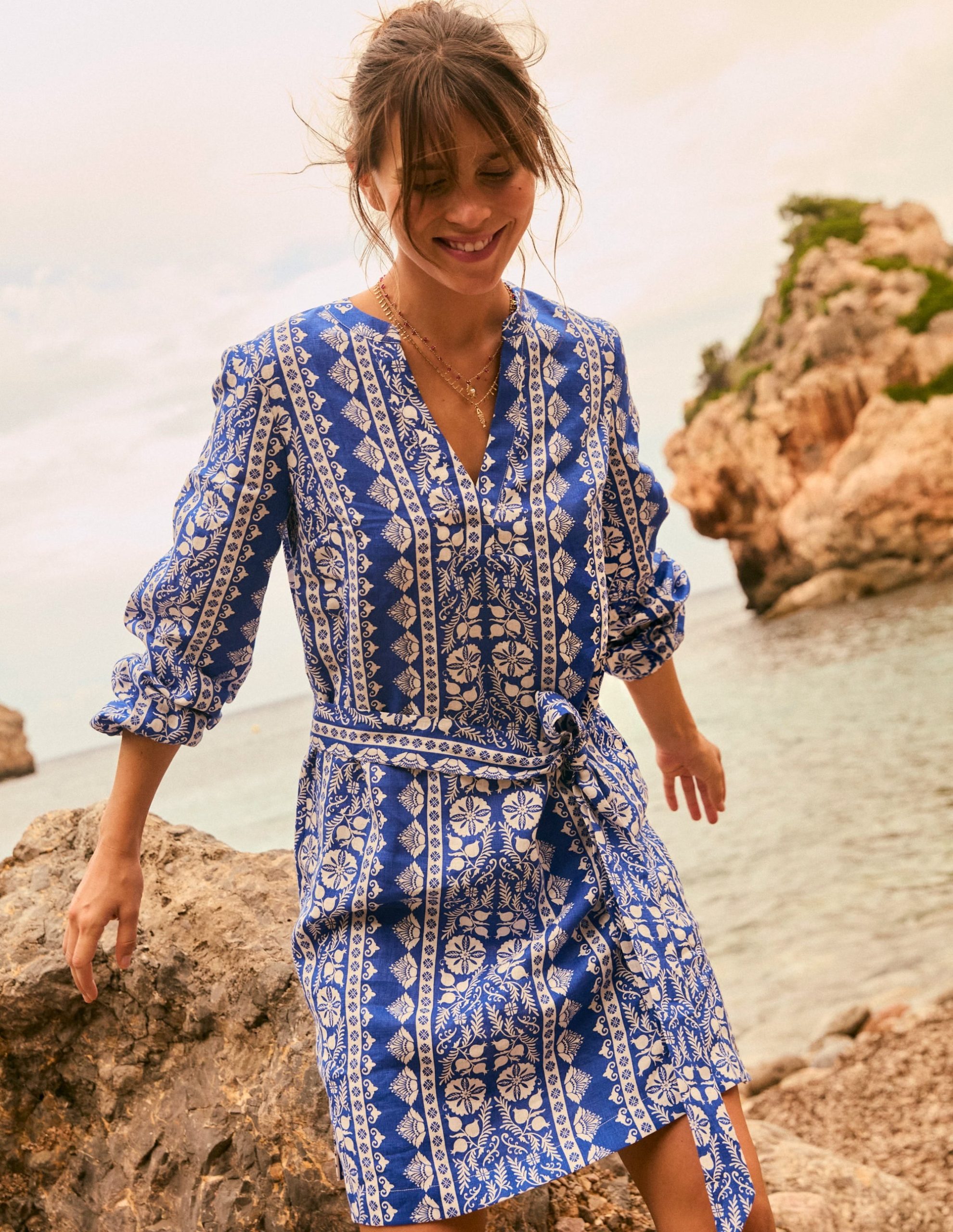 Cleo Linen Tie Waist Dress-Bright Blue. Ornate Border - Image 2