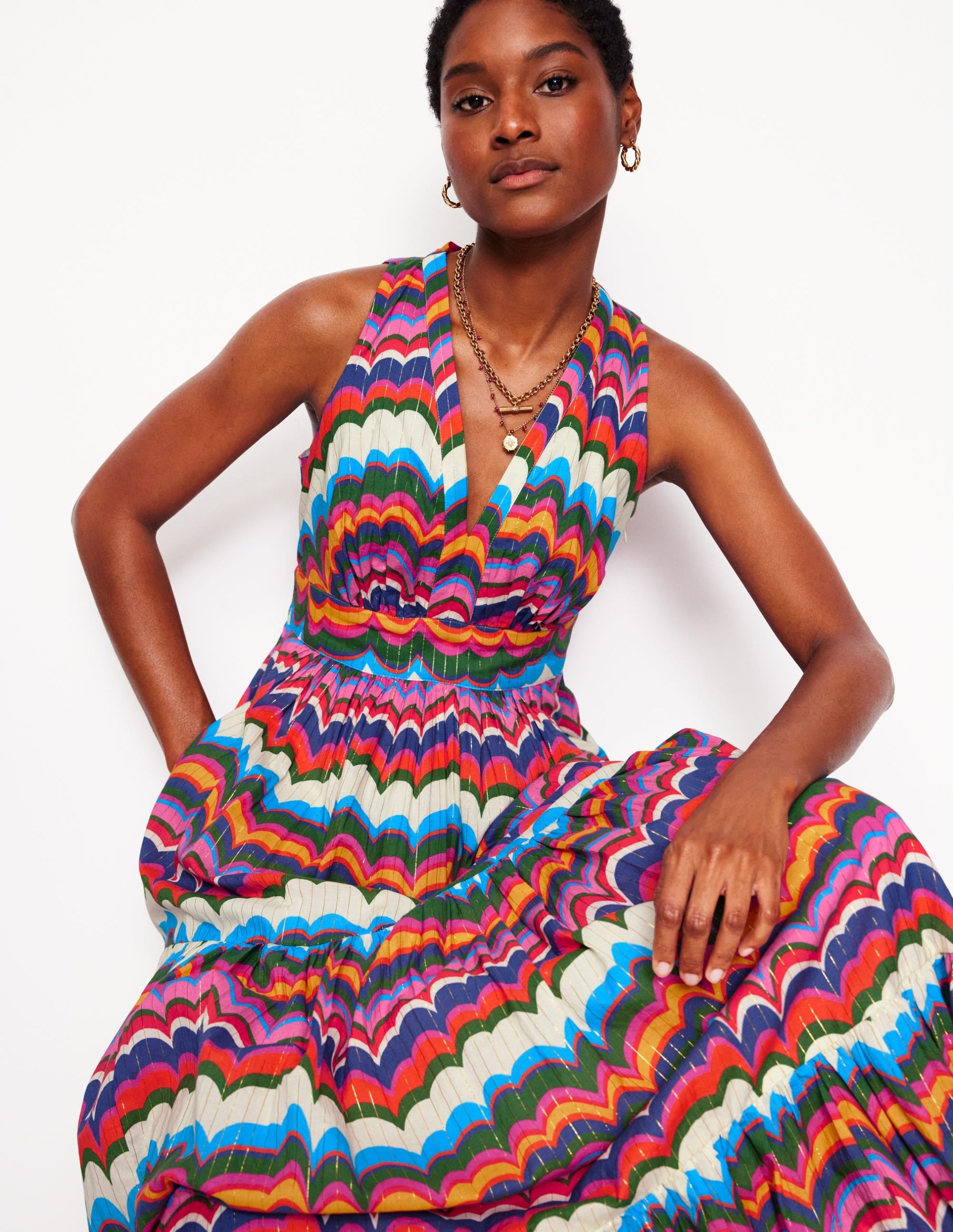 Serena Cotton Tie Maxi Dress-Multi. Abstract Wave