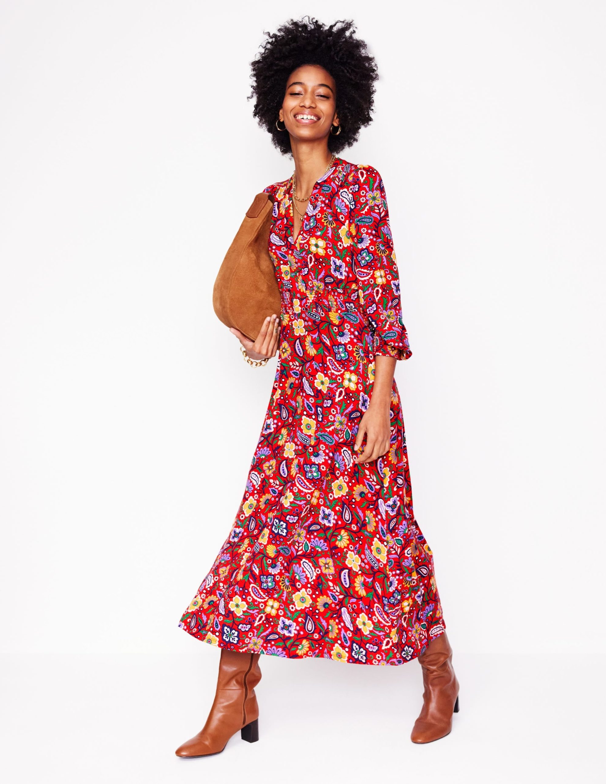 Ivy Smocked Midi Dress-Poppy Red. Oriental Paradise