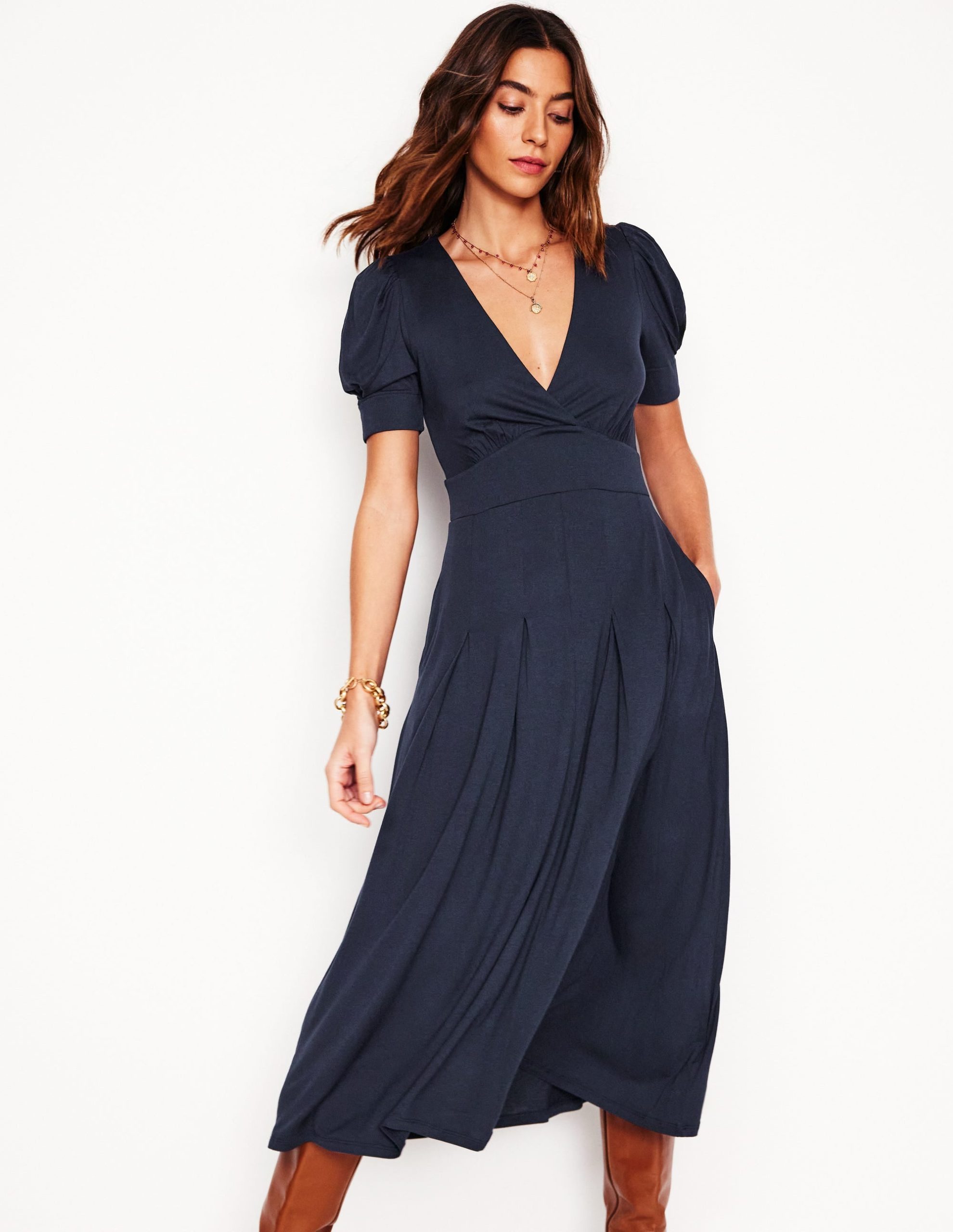 Kristen Pleated Jersey Dress-Navy - Image 2