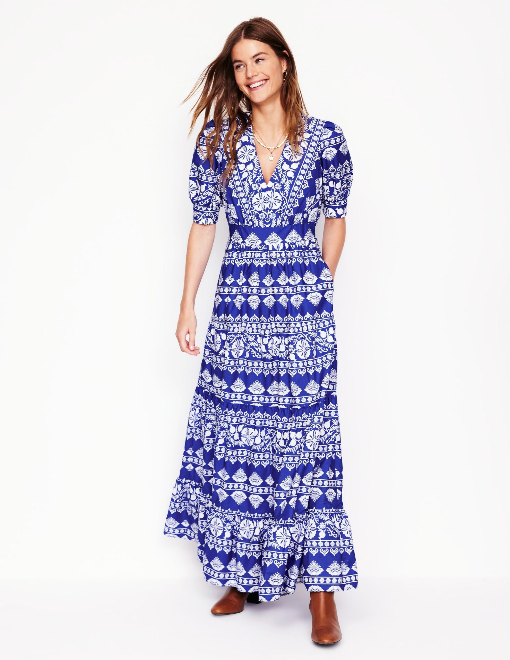 Bella Puff Sleeve Maxi Dress-Bright Blue. Ornate Border - Image 4