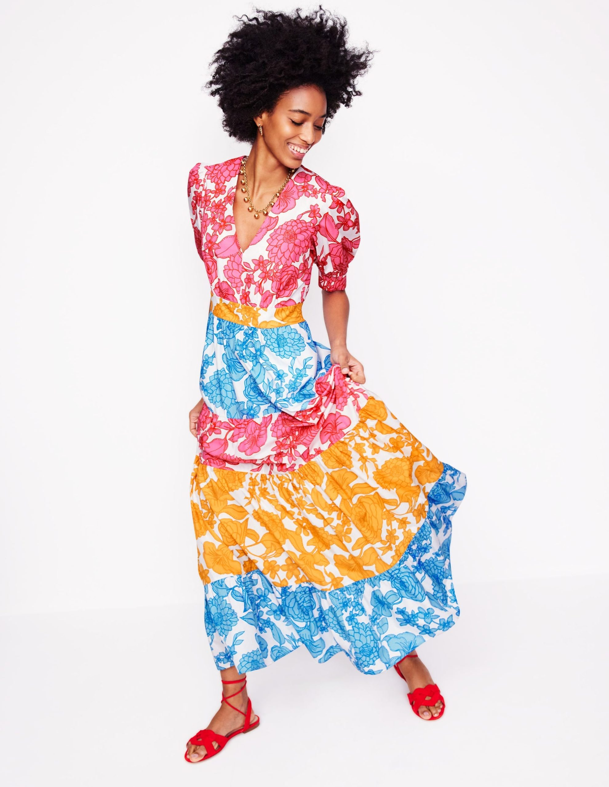 Bella Puff Sleeve Maxi Dress-Multi. Blossom Cascade