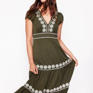 Eloise Embroidered Midi Dress-Classic Khaki