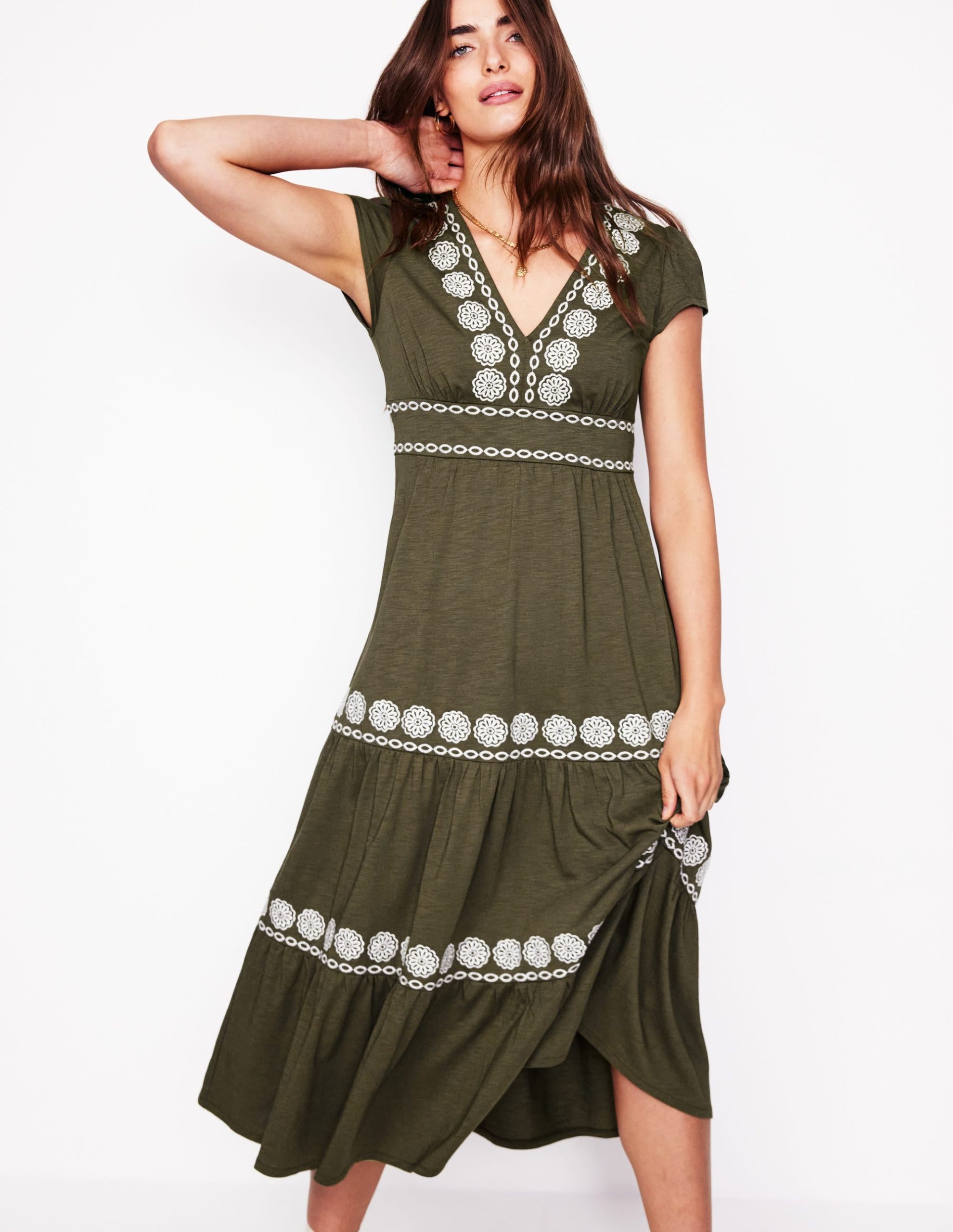 Eloise Embroidered Midi Dress-Classic Khaki - Image 4