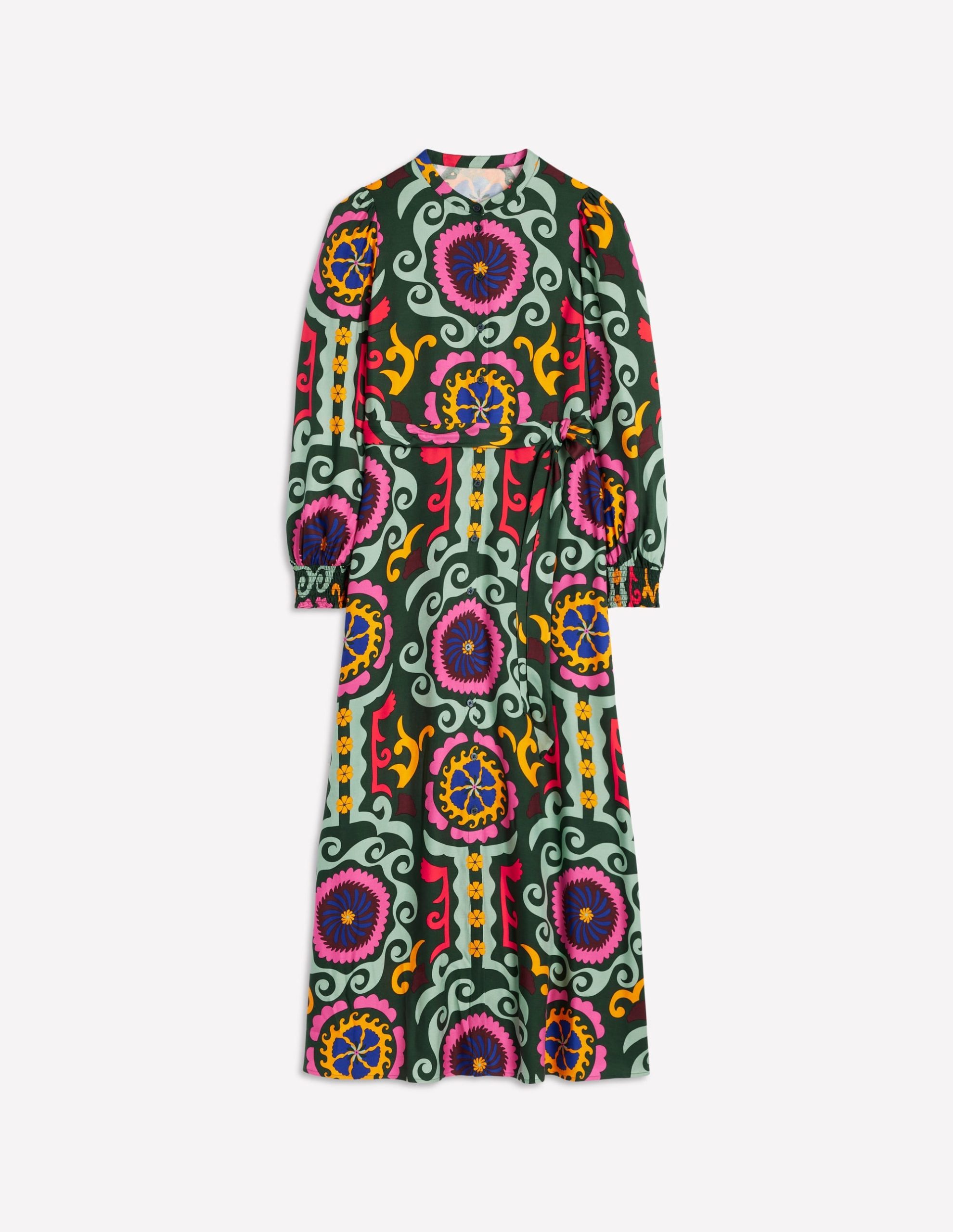 Ruby Collarless Shirt Dress-Green. Ornamental Wave - Image 7