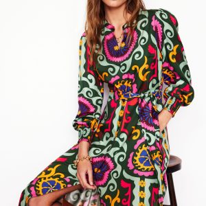 Ruby Collarless Shirt Dress-Green. Ornamental Wave