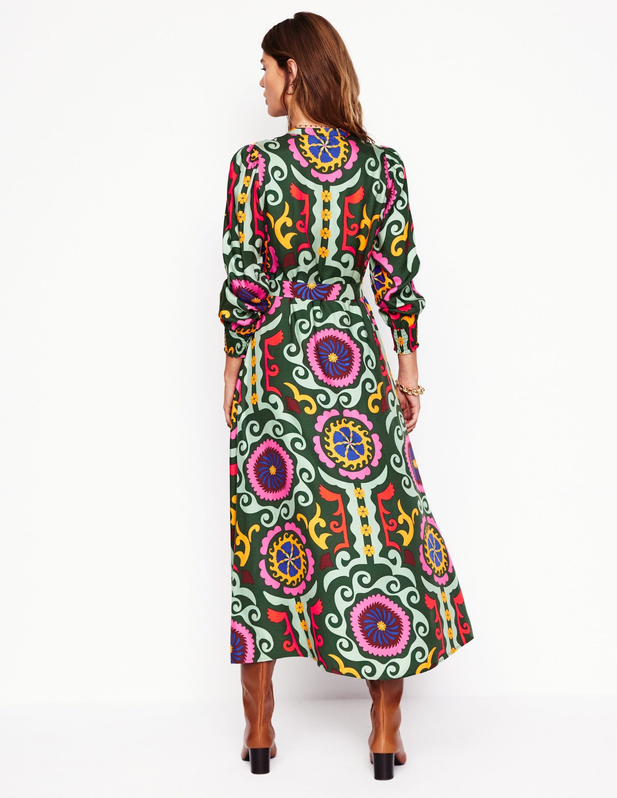 Ruby Collarless Shirt Dress-Green. Ornamental Wave - Image 4