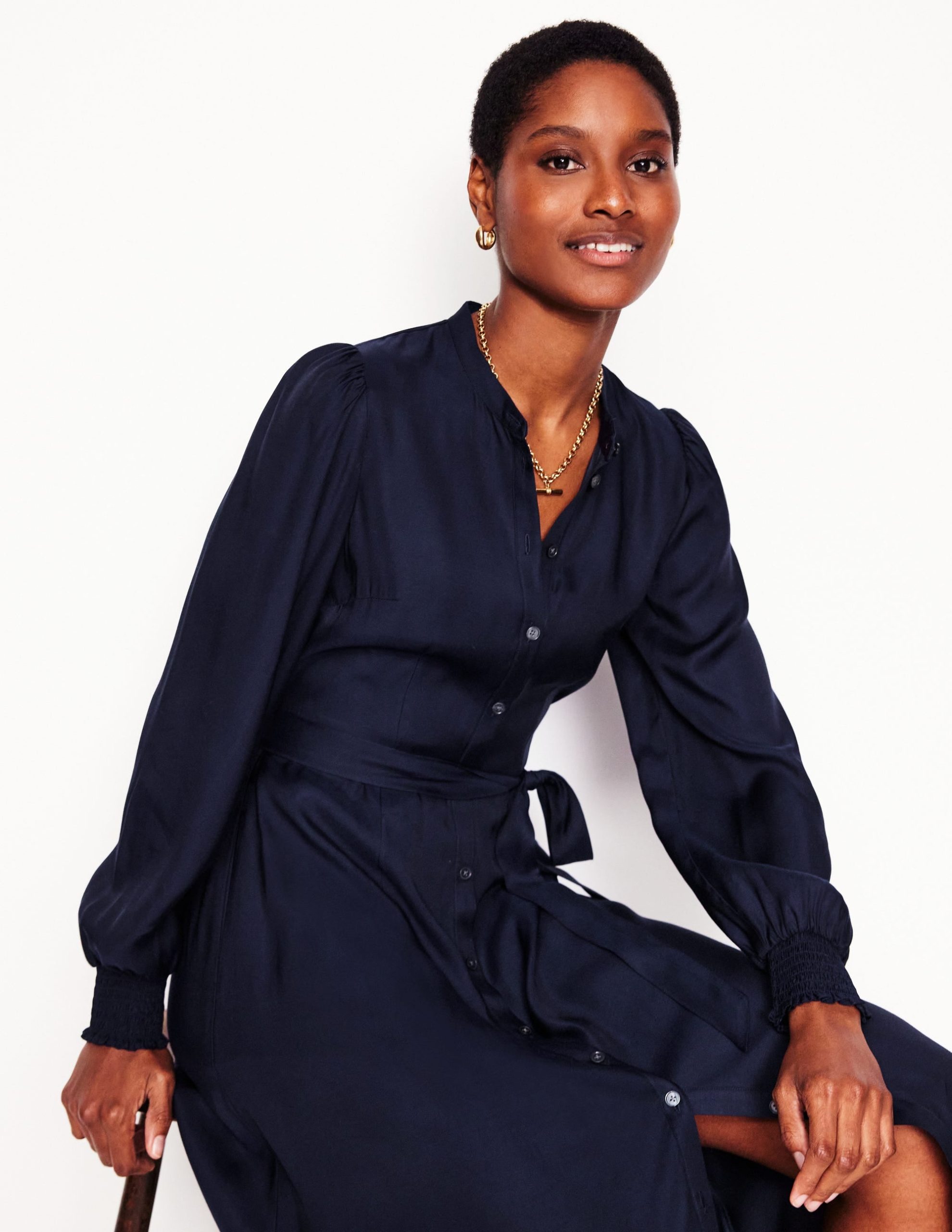 Ruby Collarless Shirt Dress-Navy - Image 4