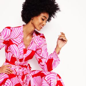 Ruby Collarless Shirt Dress-Rouge. Bow Scatter