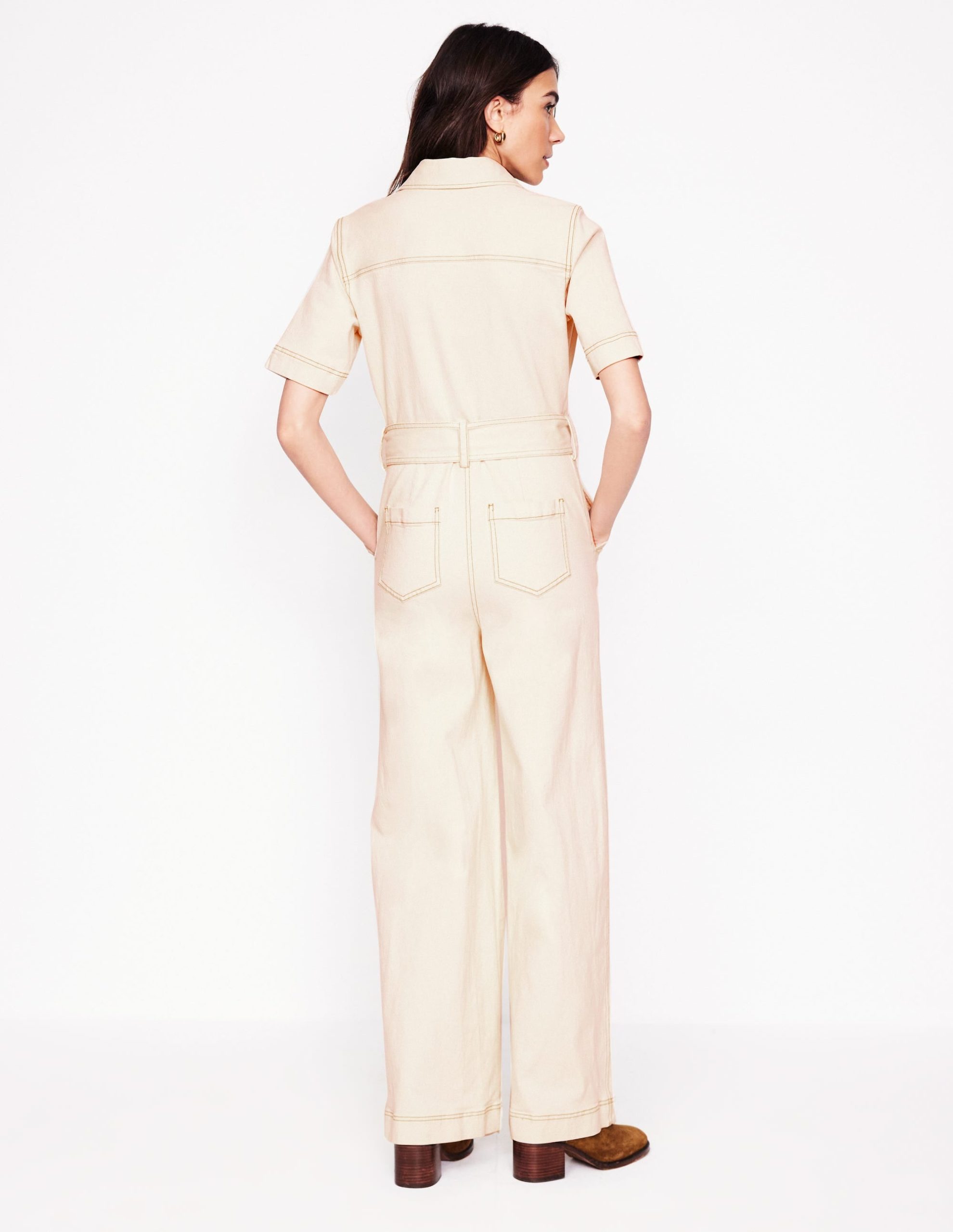 Short Sleeve Denim Jumpsuit-Ecru - Image 4