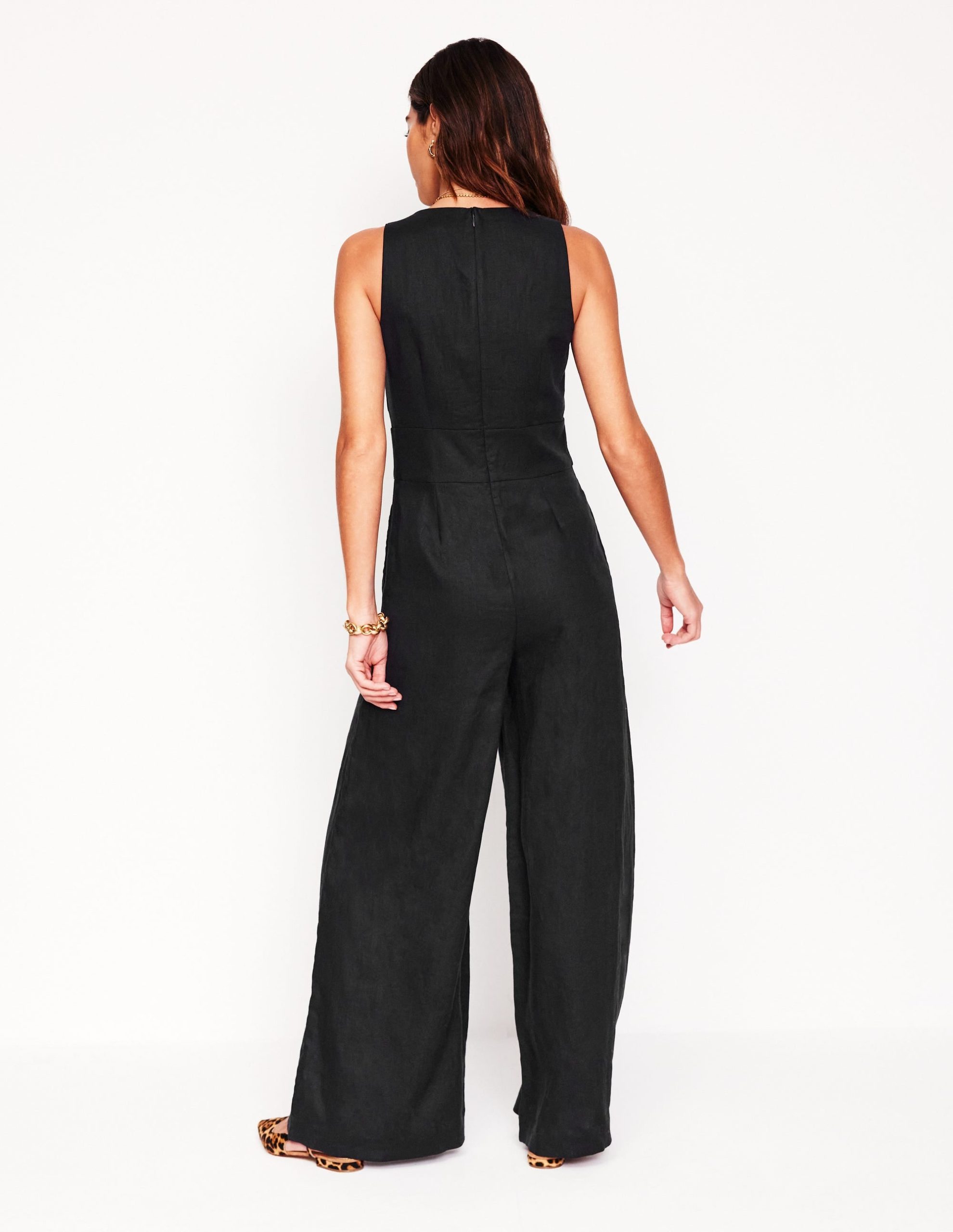 V-Neck Linen Jumpsuit-Black - Image 3
