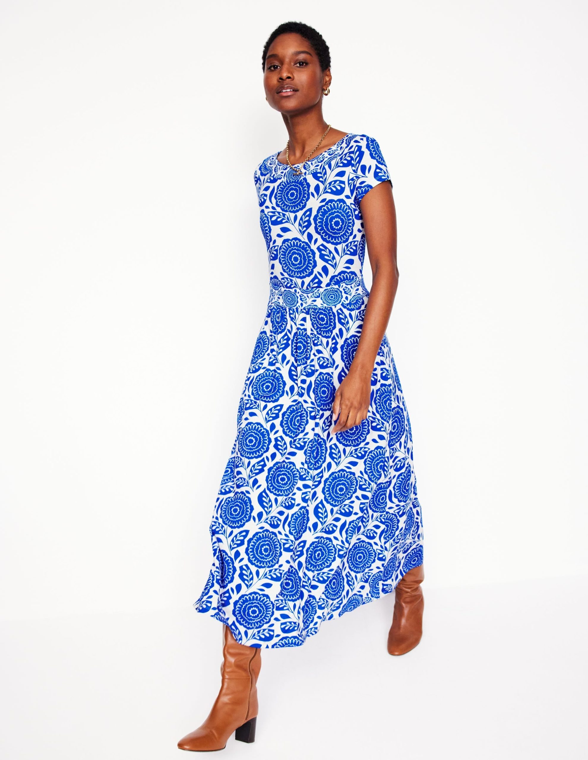 Melanie Jersey Midi Dress-Gallery Blue. Dahlia Stamp