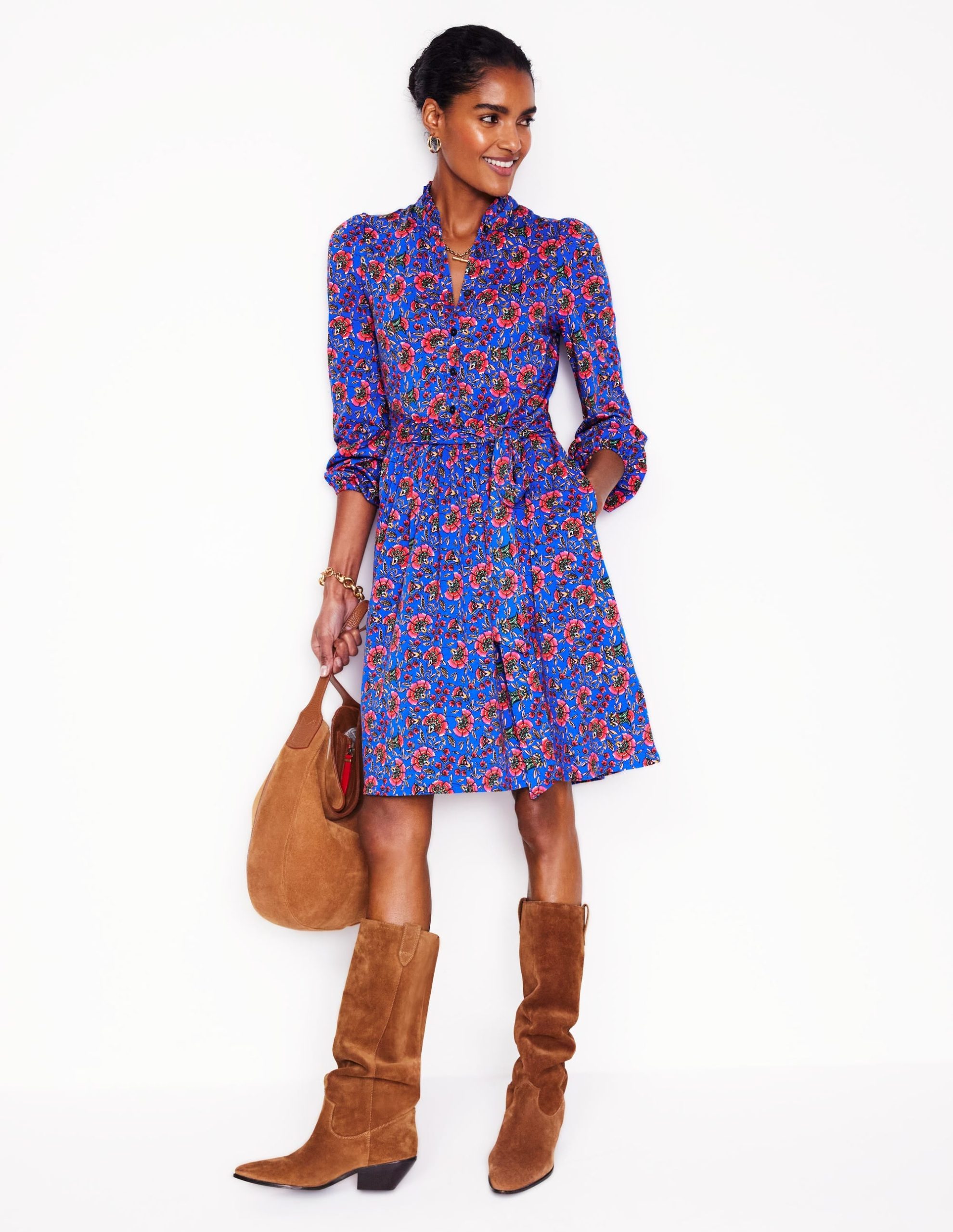 Willow Ruffle Neck Shirt Dress-Gallery Blue. Decorative Vine