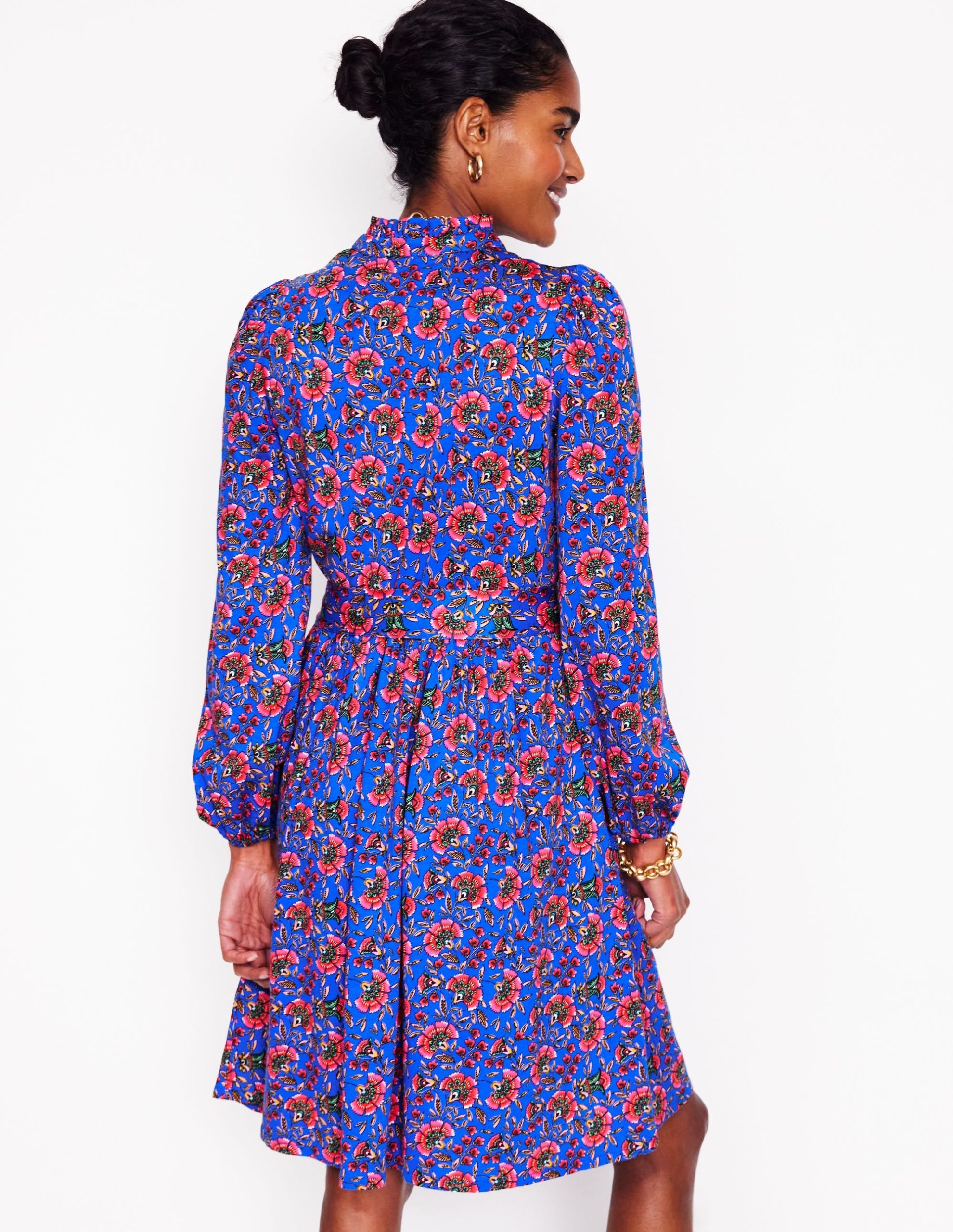 Willow Ruffle Neck Shirt Dress-Gallery Blue. Decorative Vine - Image 3