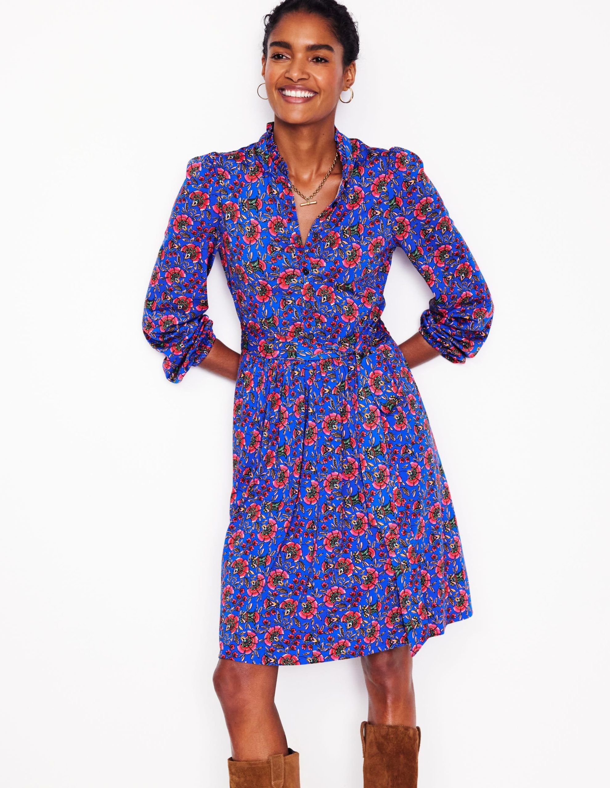 Willow Ruffle Neck Shirt Dress-Gallery Blue. Decorative Vine - Image 4