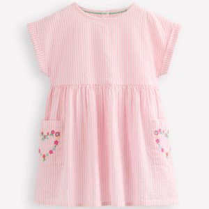 Short-sleeved woven tunic-Ticking Pink Embroidery