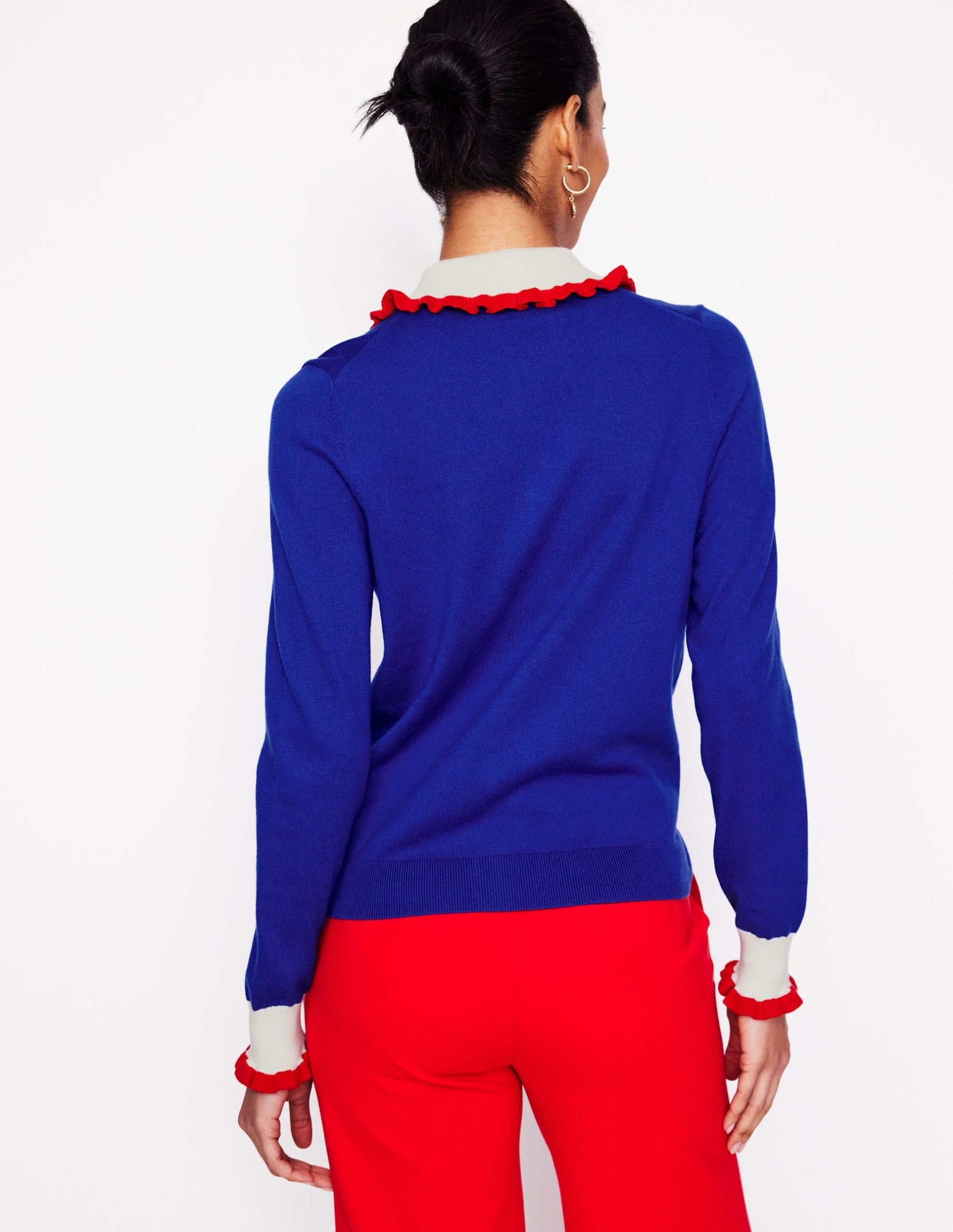 Frilled Cotton Blend Cardigan-Bright Blue - Image 3