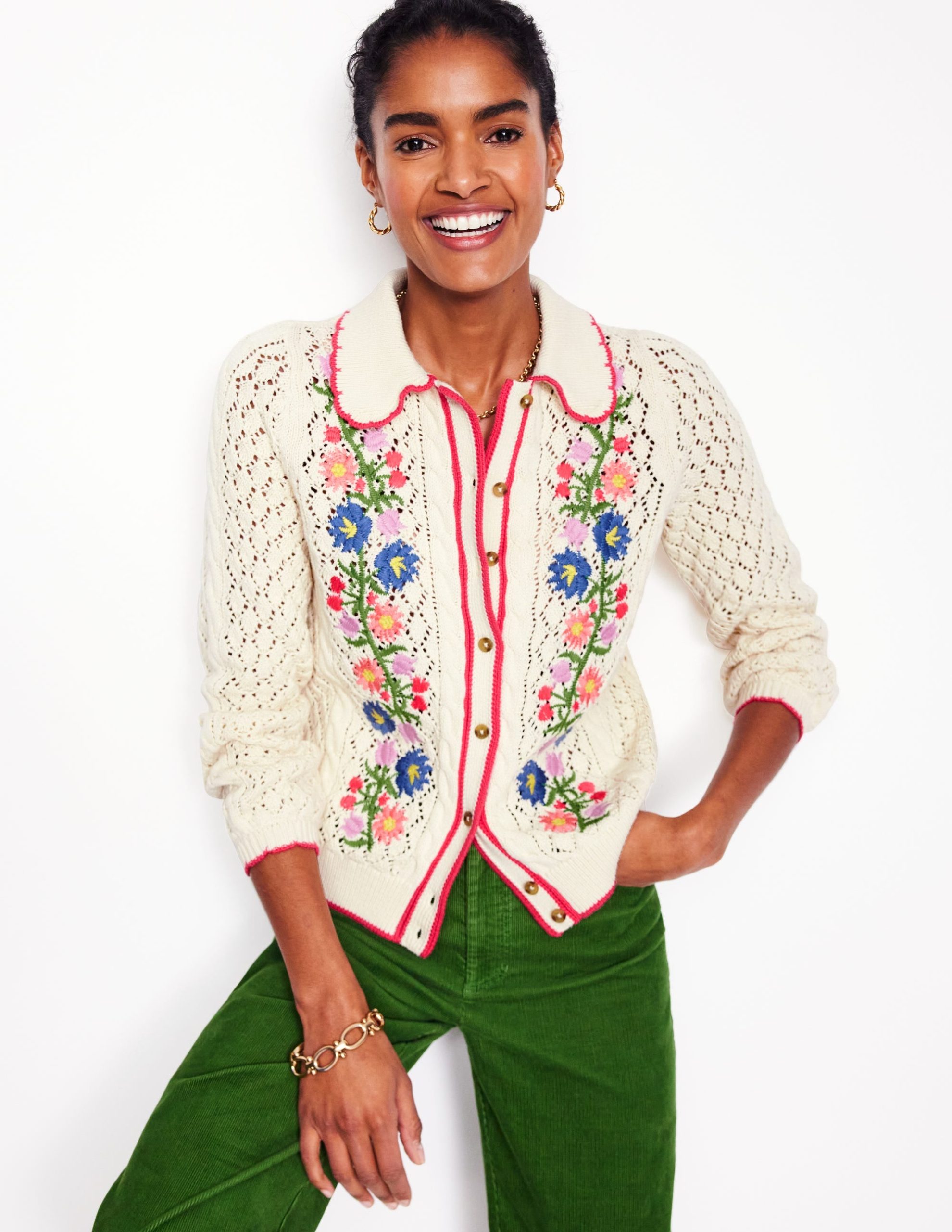 Embroidered Cotton Cardigan-Warm Ivory - Image 5
