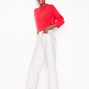 High Rise Straight Crop Jeans-Off White w/ Embroidery