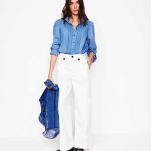 Mid Rise Button Detail Jeans-Ecru