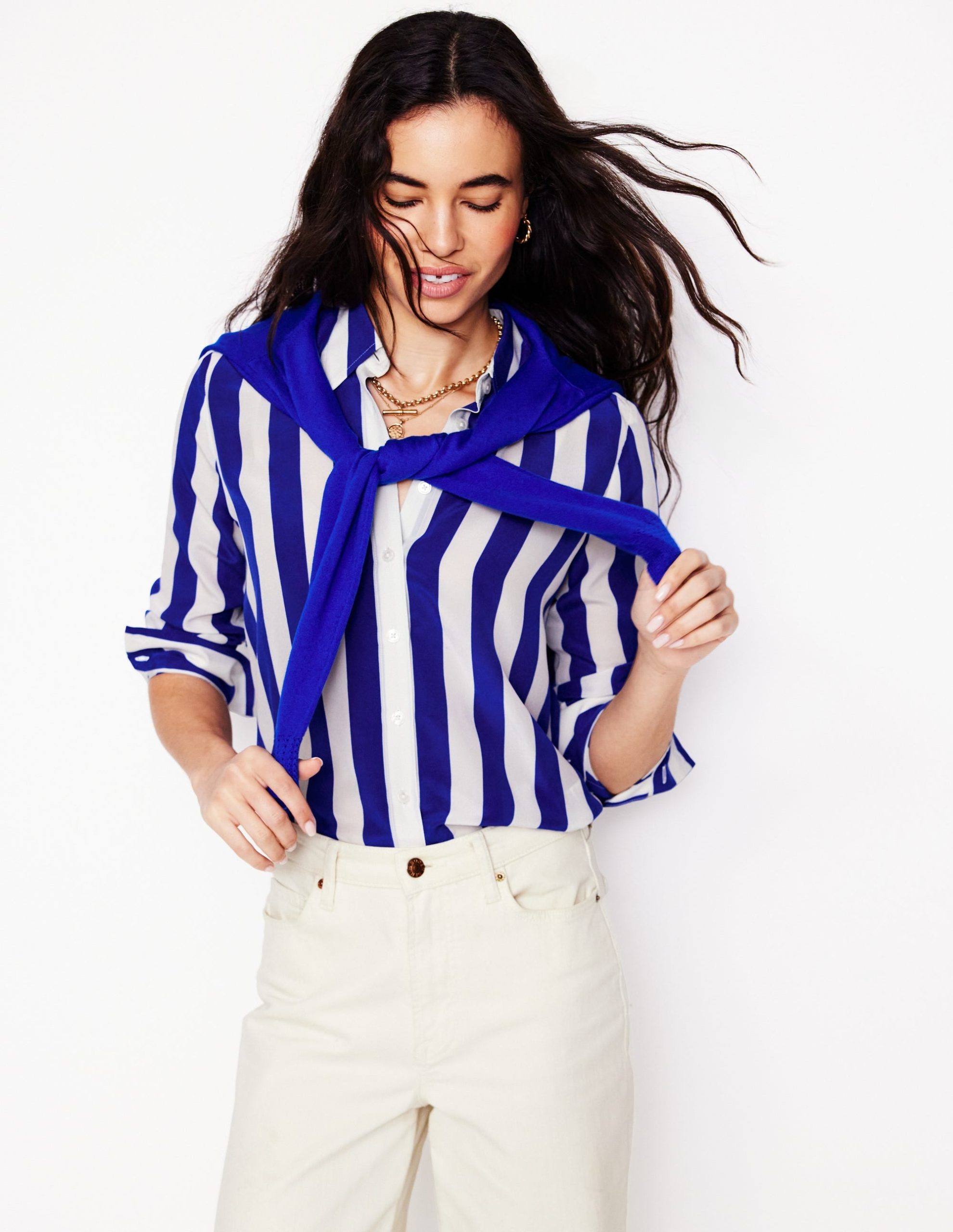 Sienna Silk Shirt-Bright Blue Wide Stripe - Image 5
