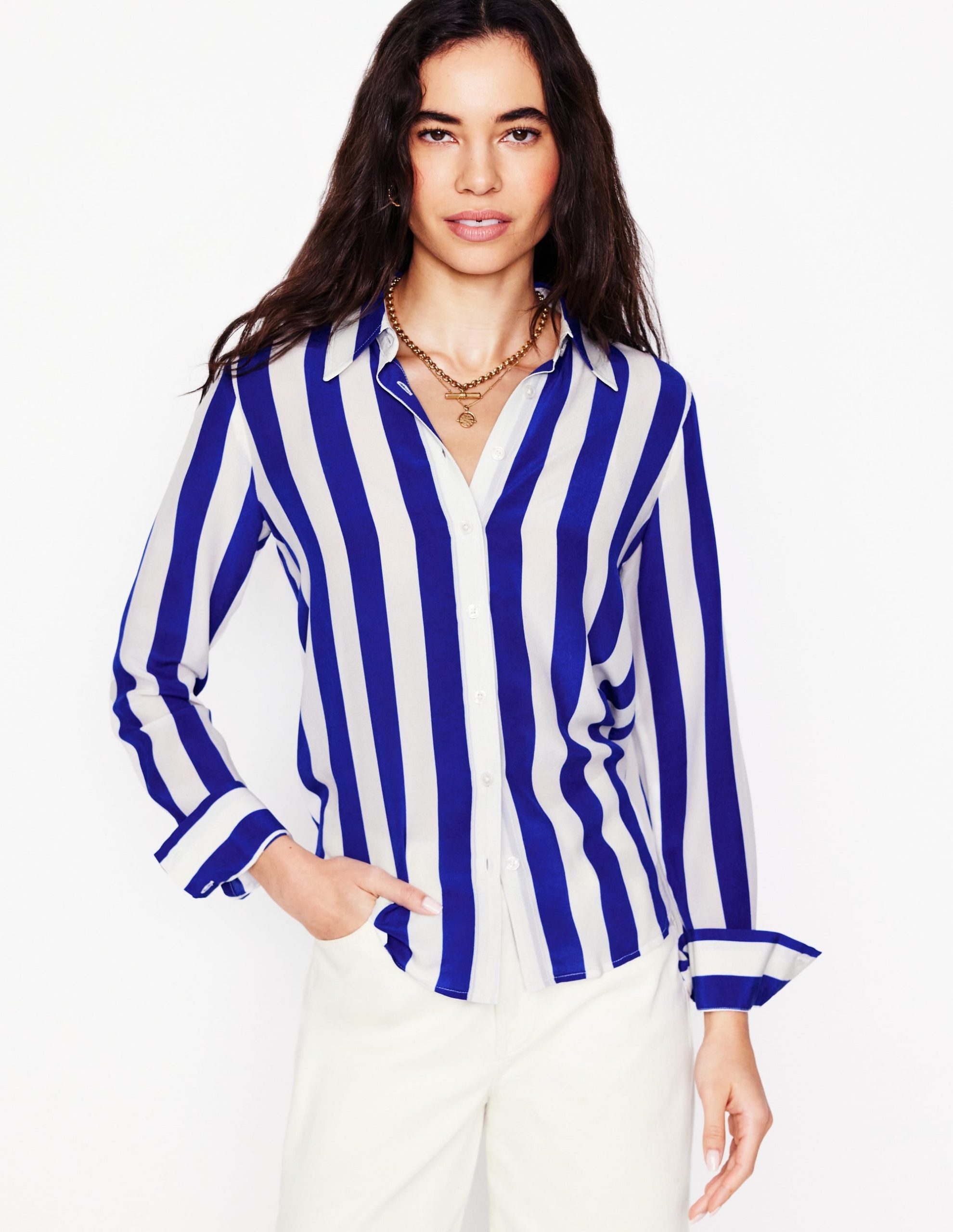 Sienna Silk Shirt-Bright Blue Wide Stripe - Image 6