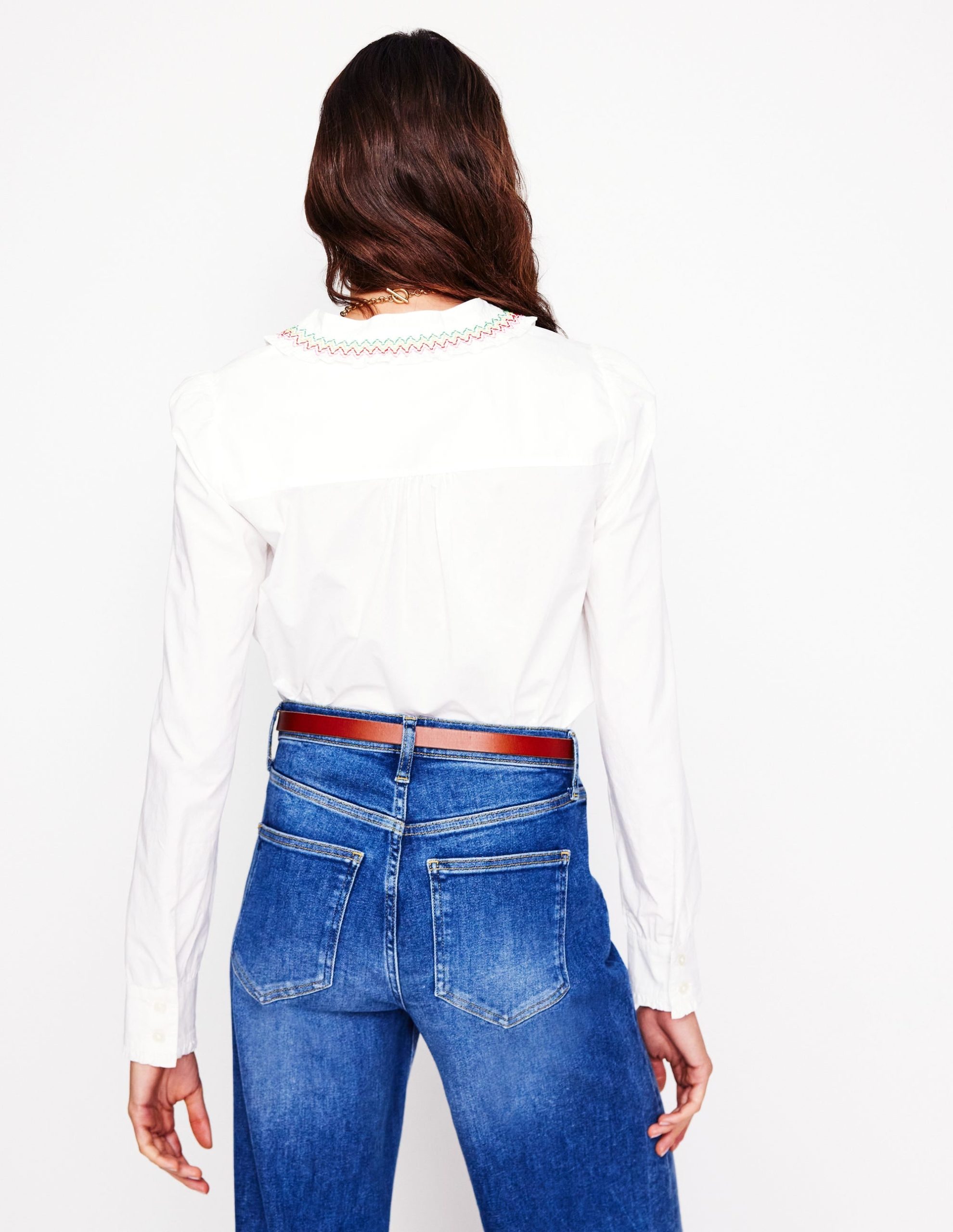 Smocked Neck Shirt-White. Multi Stitching - Image 3