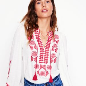 Nia Embroidered Top-White. Berry Red