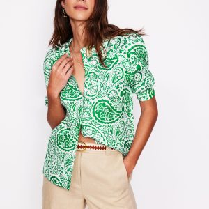 Bea Linen Top-Rich Emerald. Meadow Paisley