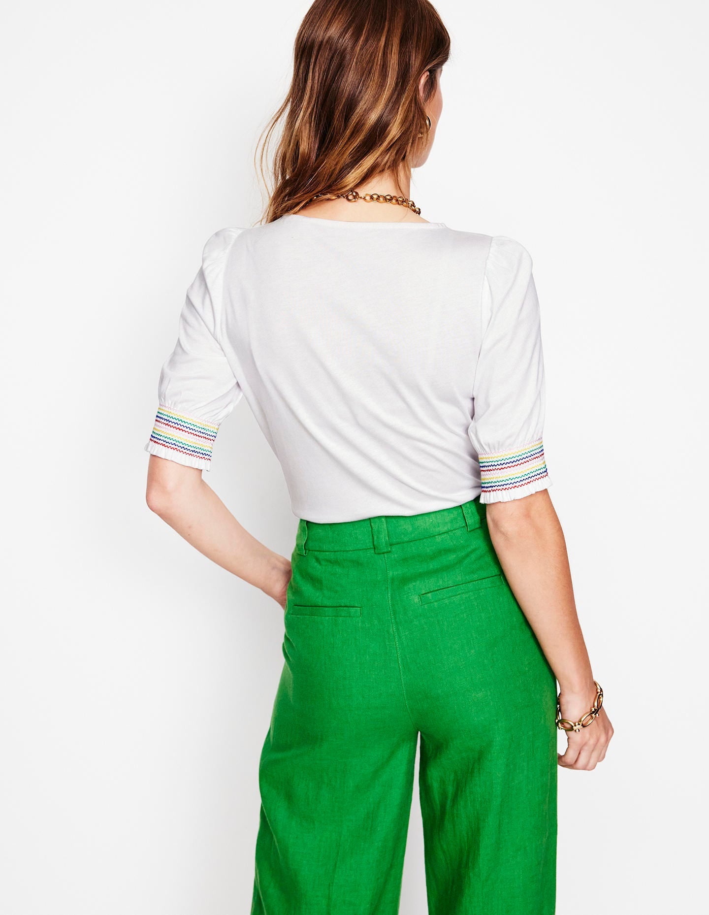 Short Sleeve Smocked Cuff Top-White - Image 3