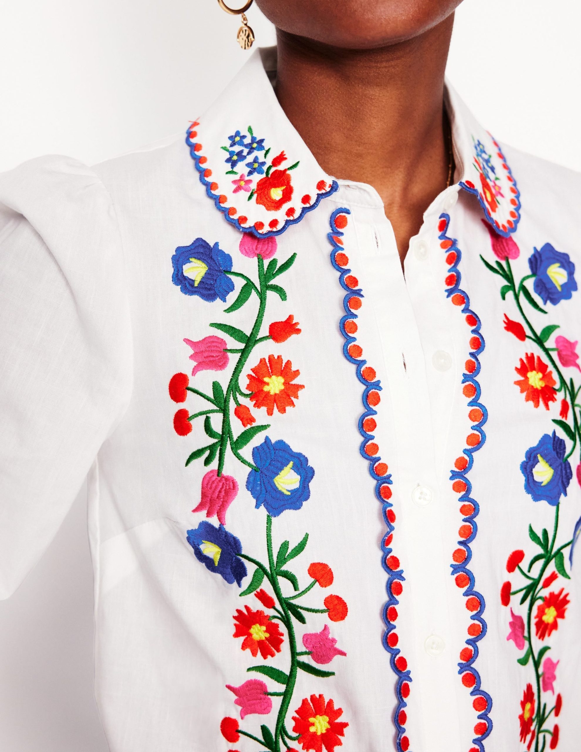 Embroidered Cotton Blouse-White. Floral Embroidery - Image 3