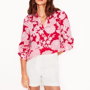 Grace Linen Top-Poppy Red. Blossom Cascade