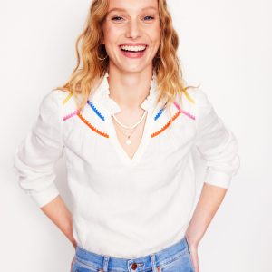 Grace Linen Top-White. Multi Stitch