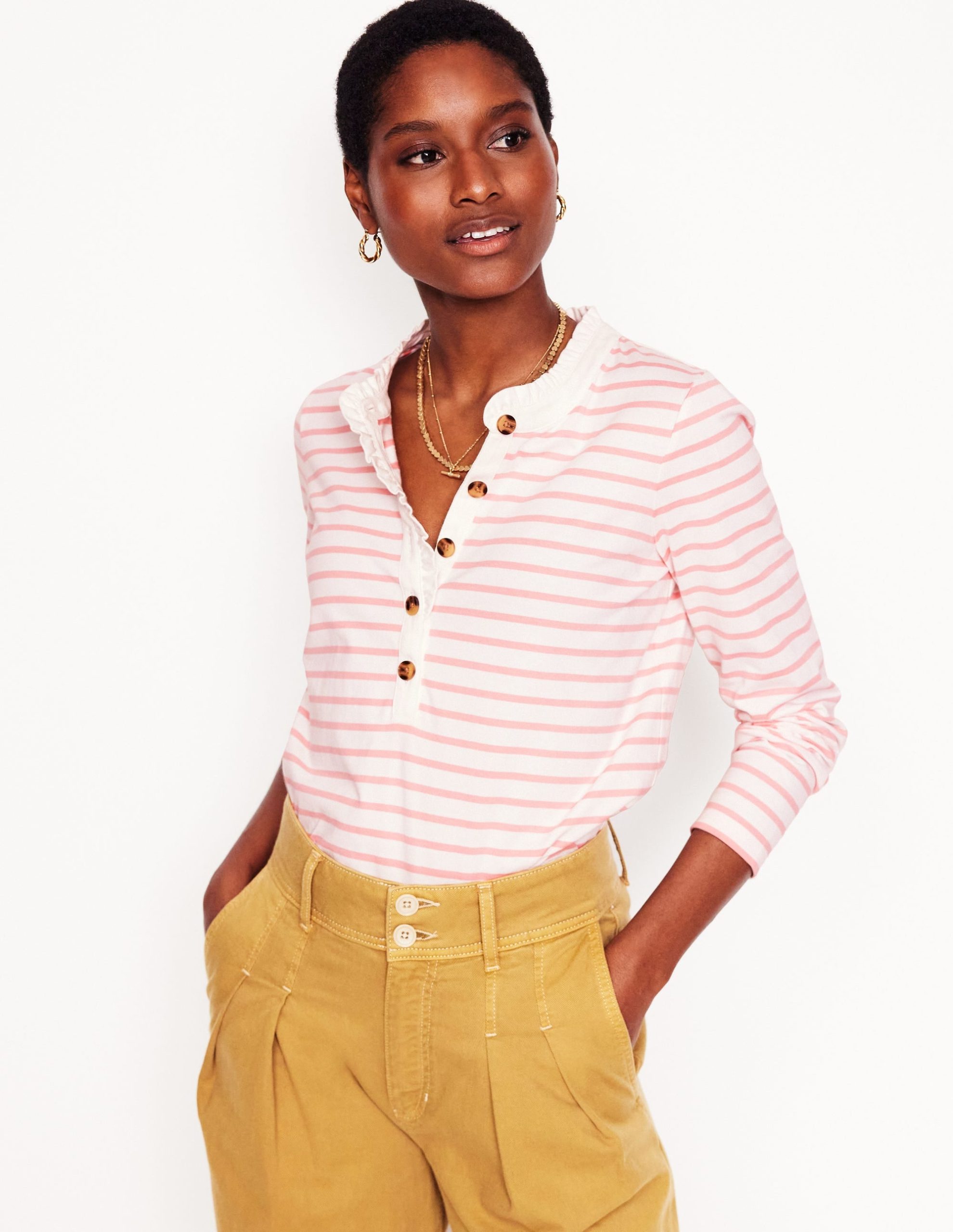 Frill Neck Breton Top-Ivory. Quartz Pink Stripe
