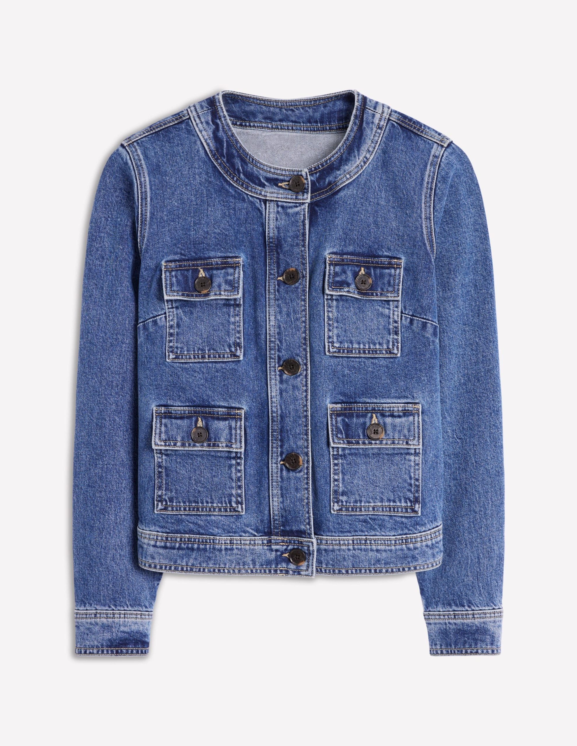 Collarless Casual Jacket-Mid Wash Denim - Image 2