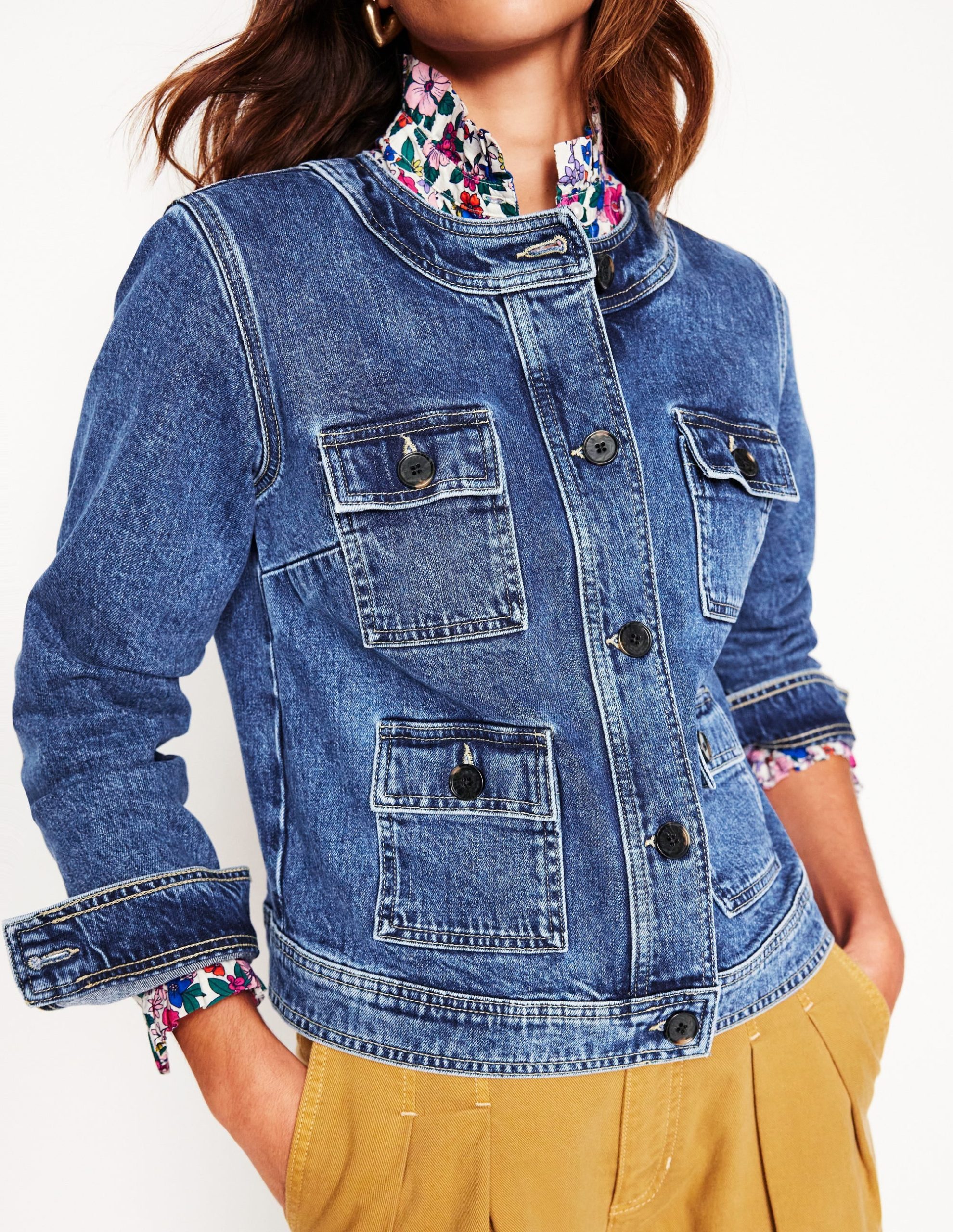 Collarless Casual Jacket-Mid Wash Denim - Image 4