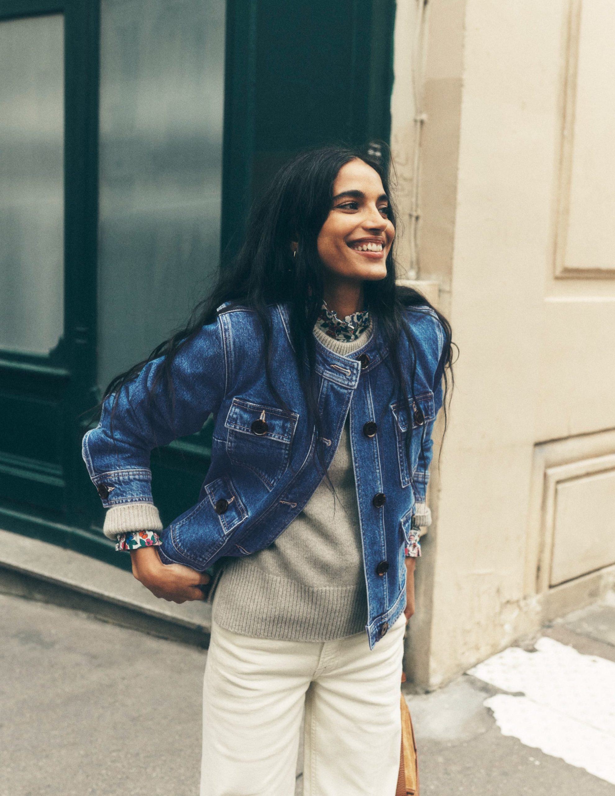 Collarless Casual Jacket-Mid Wash Denim - Image 3