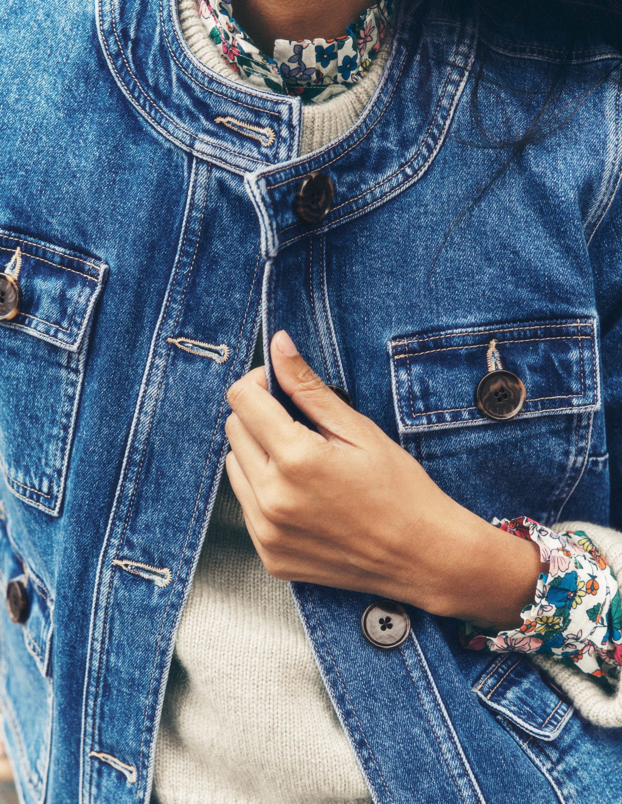 Collarless Casual Jacket-Mid Wash Denim - Image 7