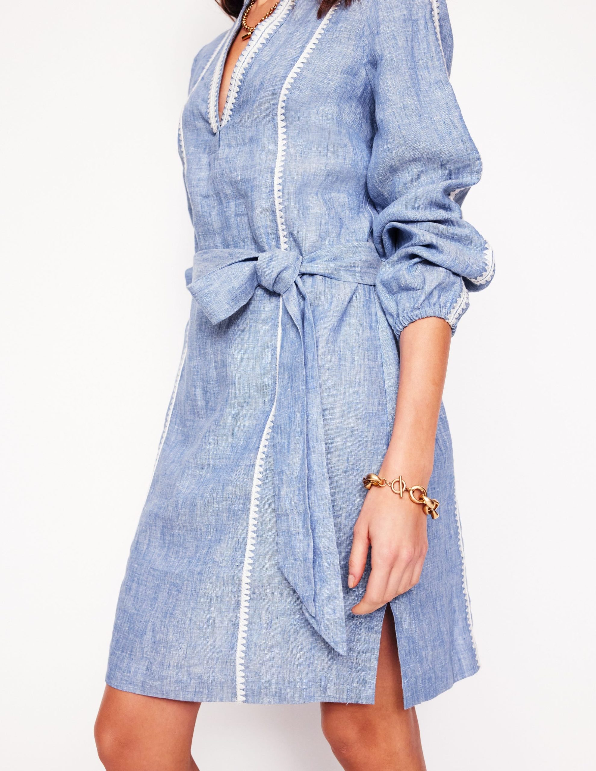 Cleo Linen Tie Waist Dress-Chambray Embroidery - Image 3