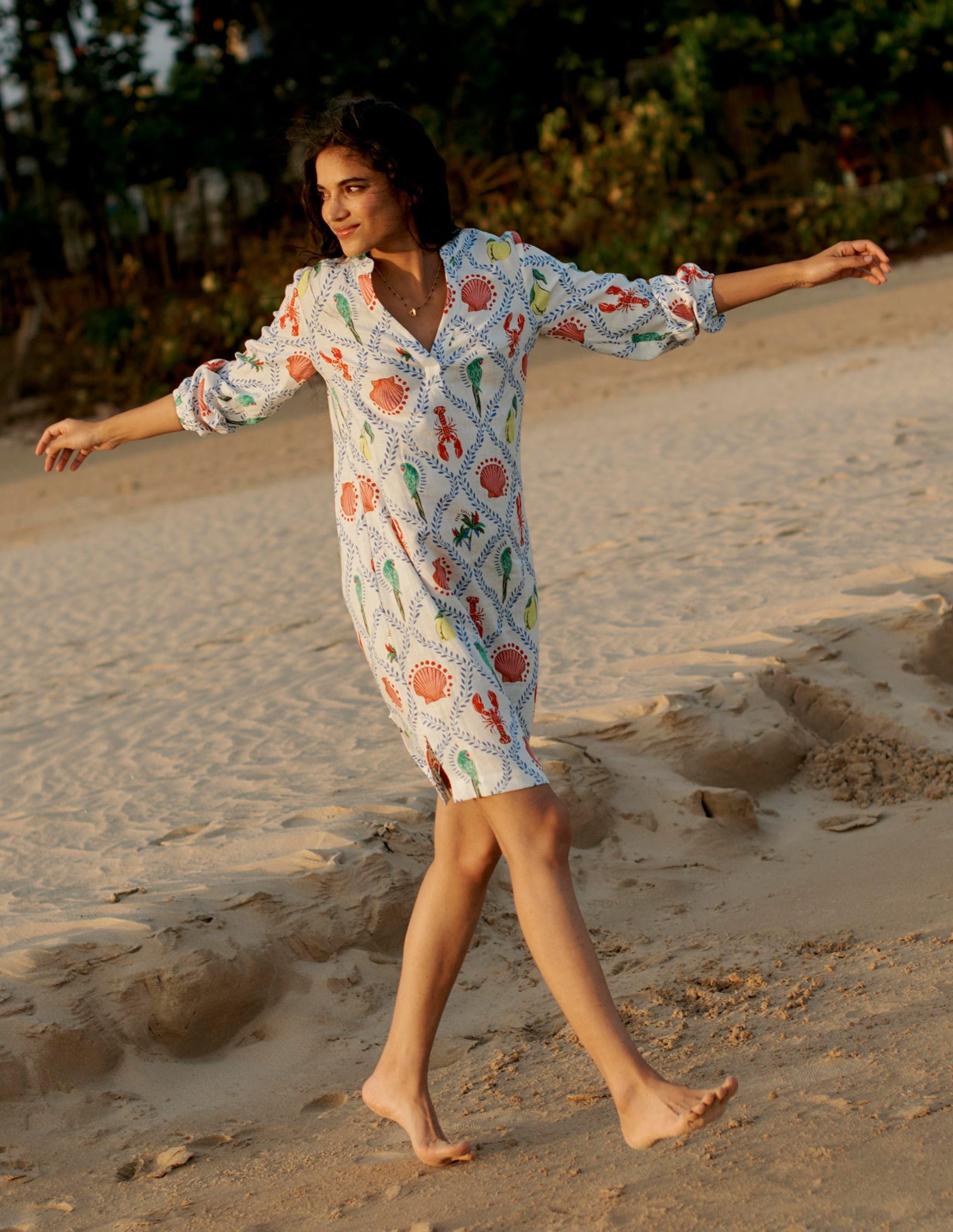 Cleo Linen Tie Waist Dress-Ivory. Tropical Bonanza Vine - Image 5