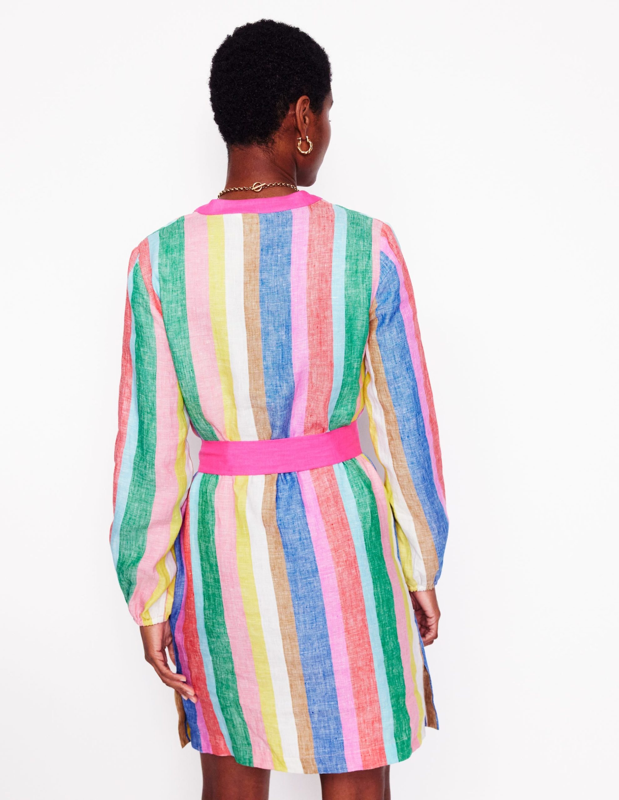 Cleo Linen Tie Waist Dress-Bright Rainbow Stripe - Image 3
