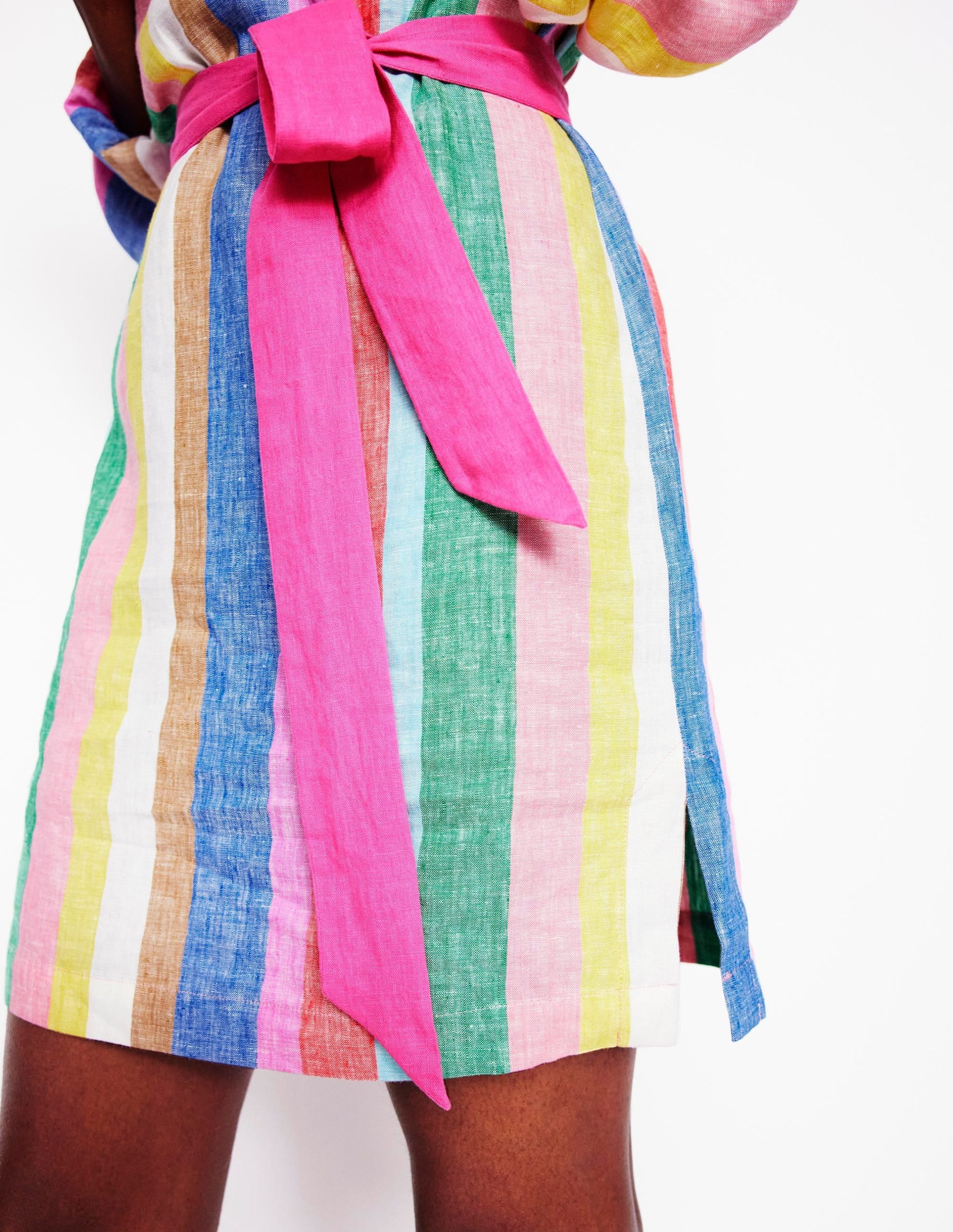 Cleo Linen Tie Waist Dress-Bright Rainbow Stripe - Image 5