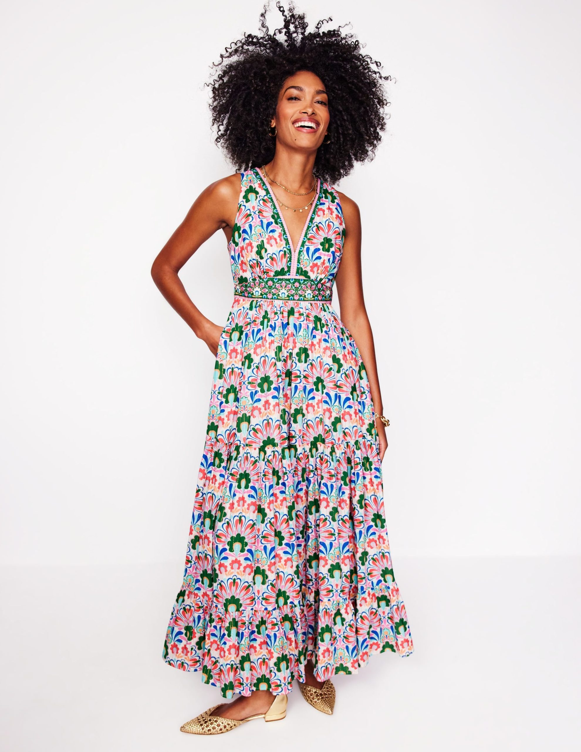 Serena Cotton Tie Maxi Dress-Multi. Decorative Dandelion