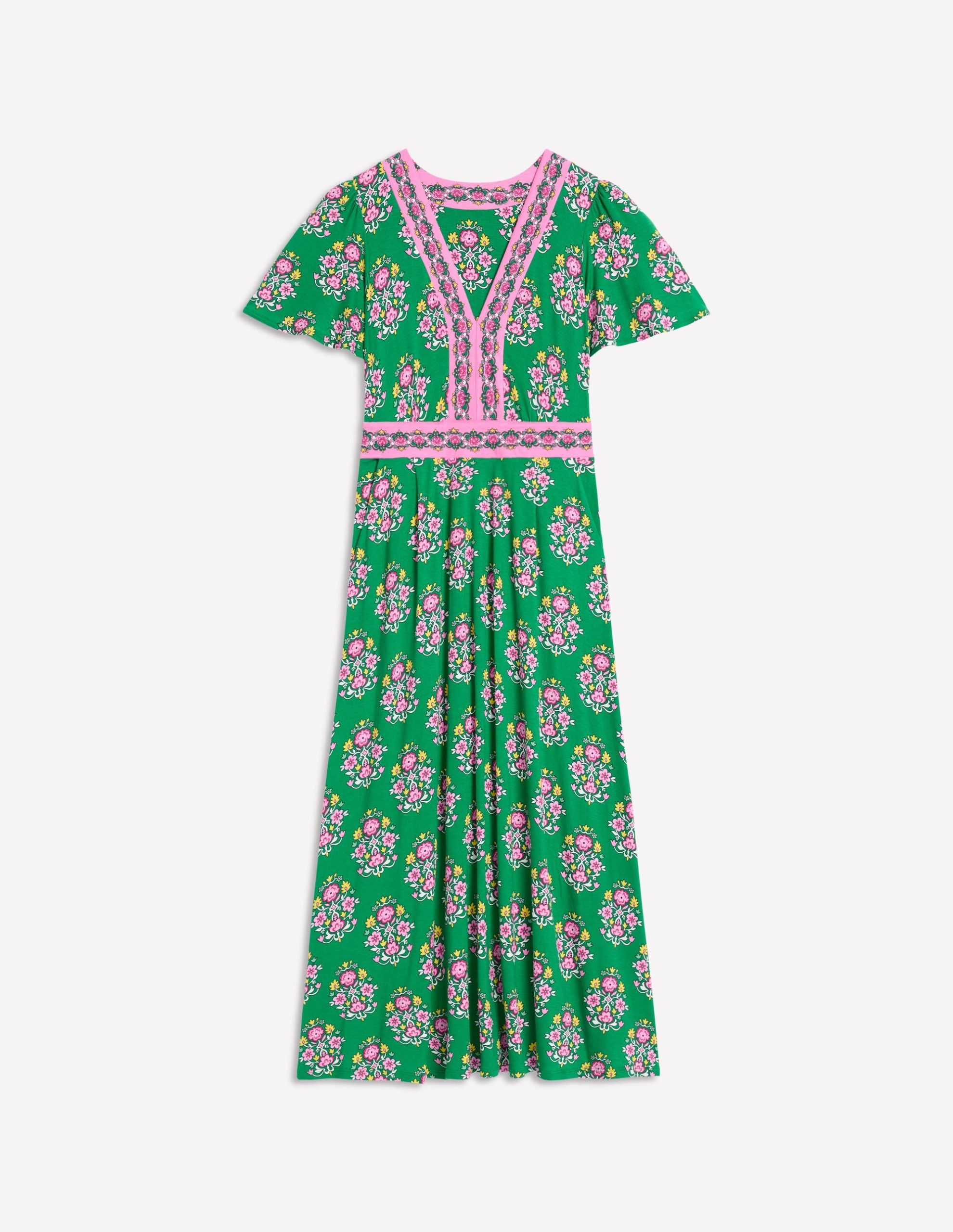 Ellie Flutter Maxi Tea Dress-Rich Emerald. Wildflower Stamp - Image 6